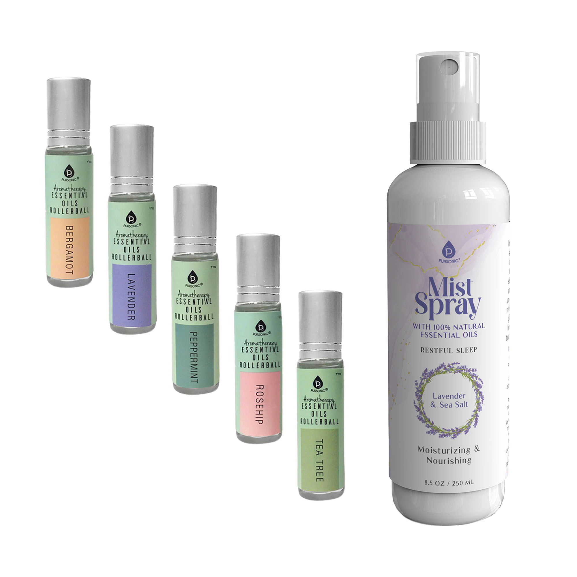 Pursonic Unisex Aromatherapy & Wellness Gift Set with Lavender & Sea Salt Mist Spray and Essential Oil Rollerball 5-Pack