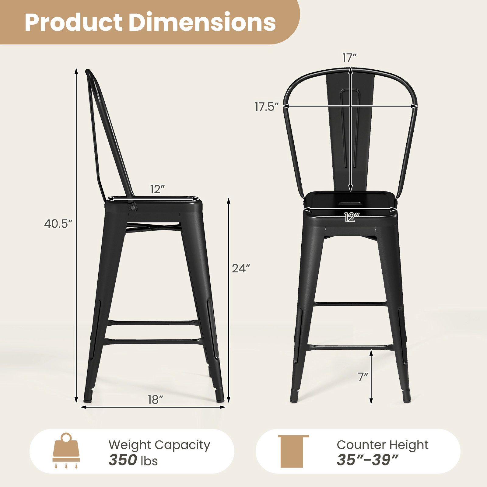 Glintex 4-Piece 24-Inch Stackable Metal Counter Stool Set with Removable Backs
