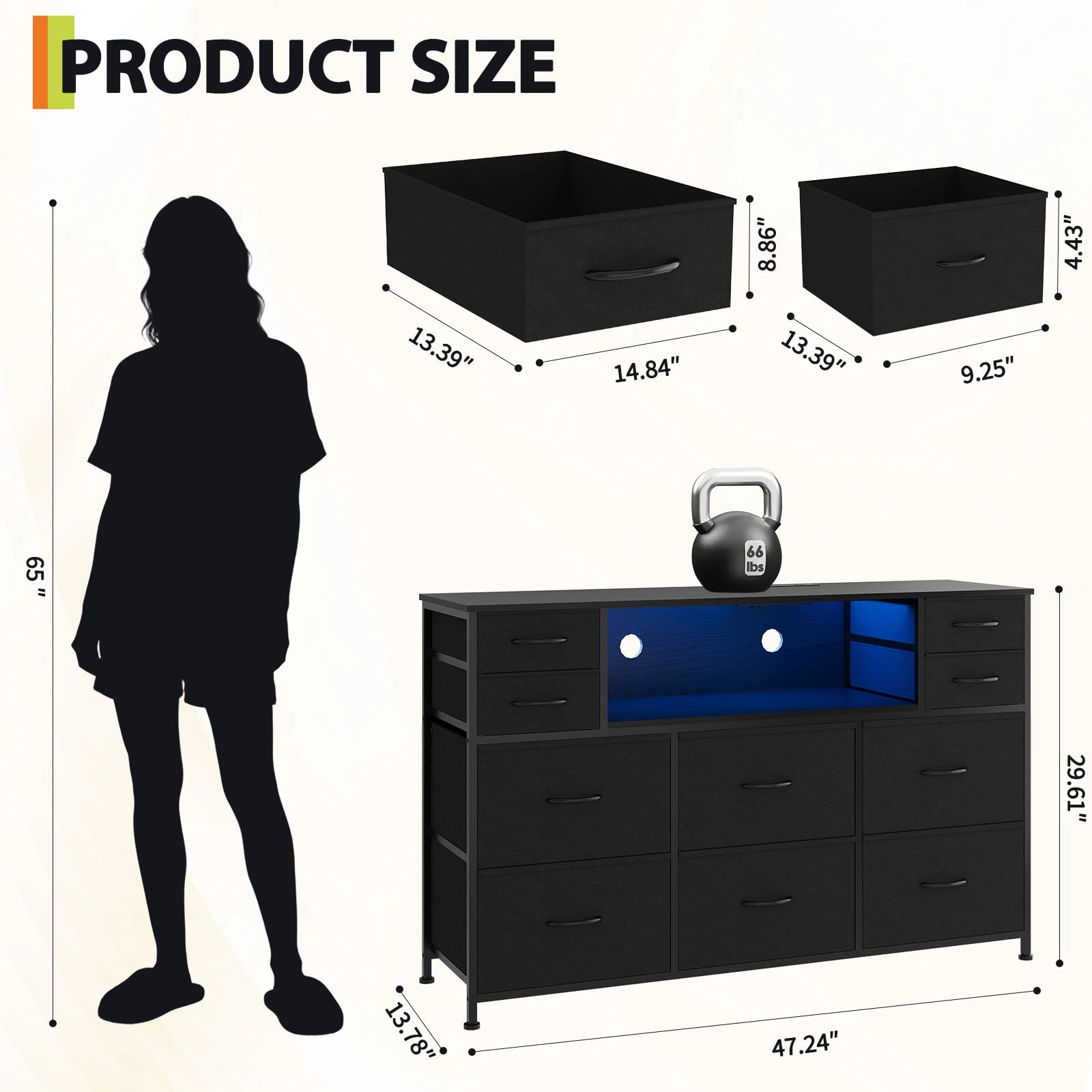 10 Drawer Fabric Dresser, TV Stand with RGB LED Lights & Power Outlet for 45"-55"