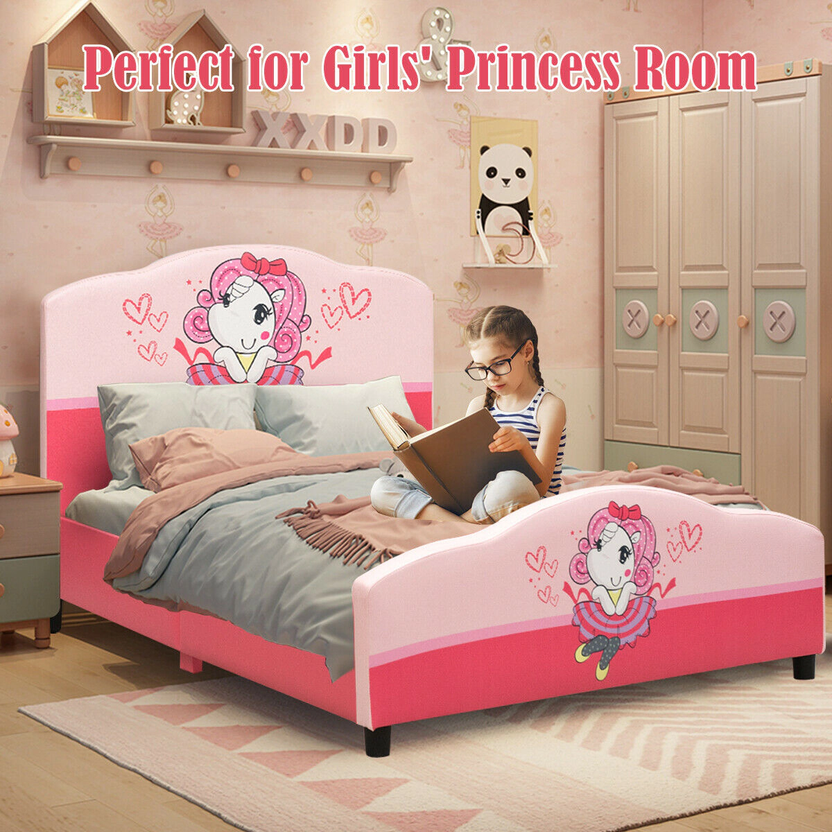 SUGIFT Pink Cartoon Girl Pattern Headboard Twin Size Kids Upholstered Platform Bed