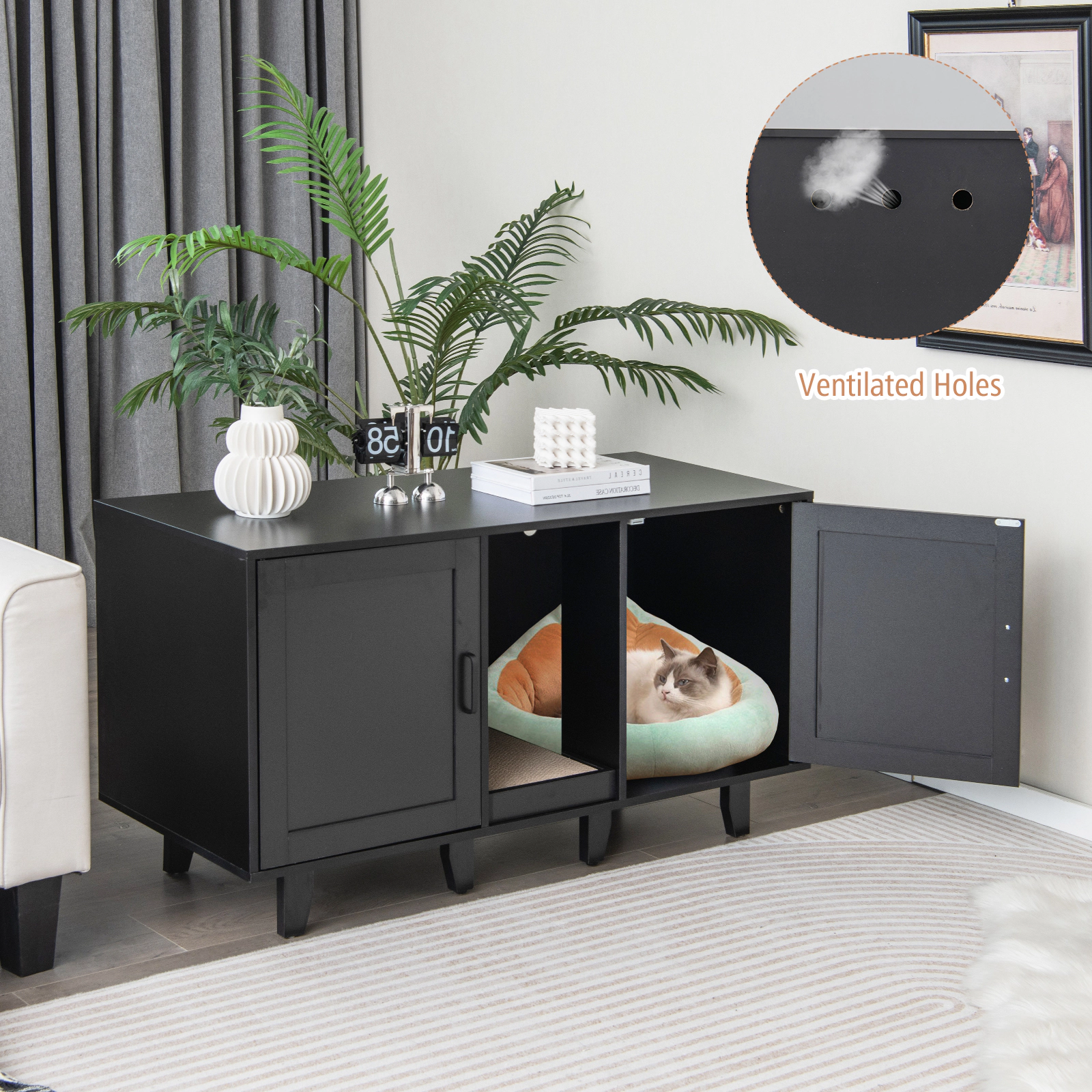 SUGIFT Patented 2-Door Cat Litter Box Enclosure with Winding Entry and Scratching Board 44-lb Tabletop Capacity