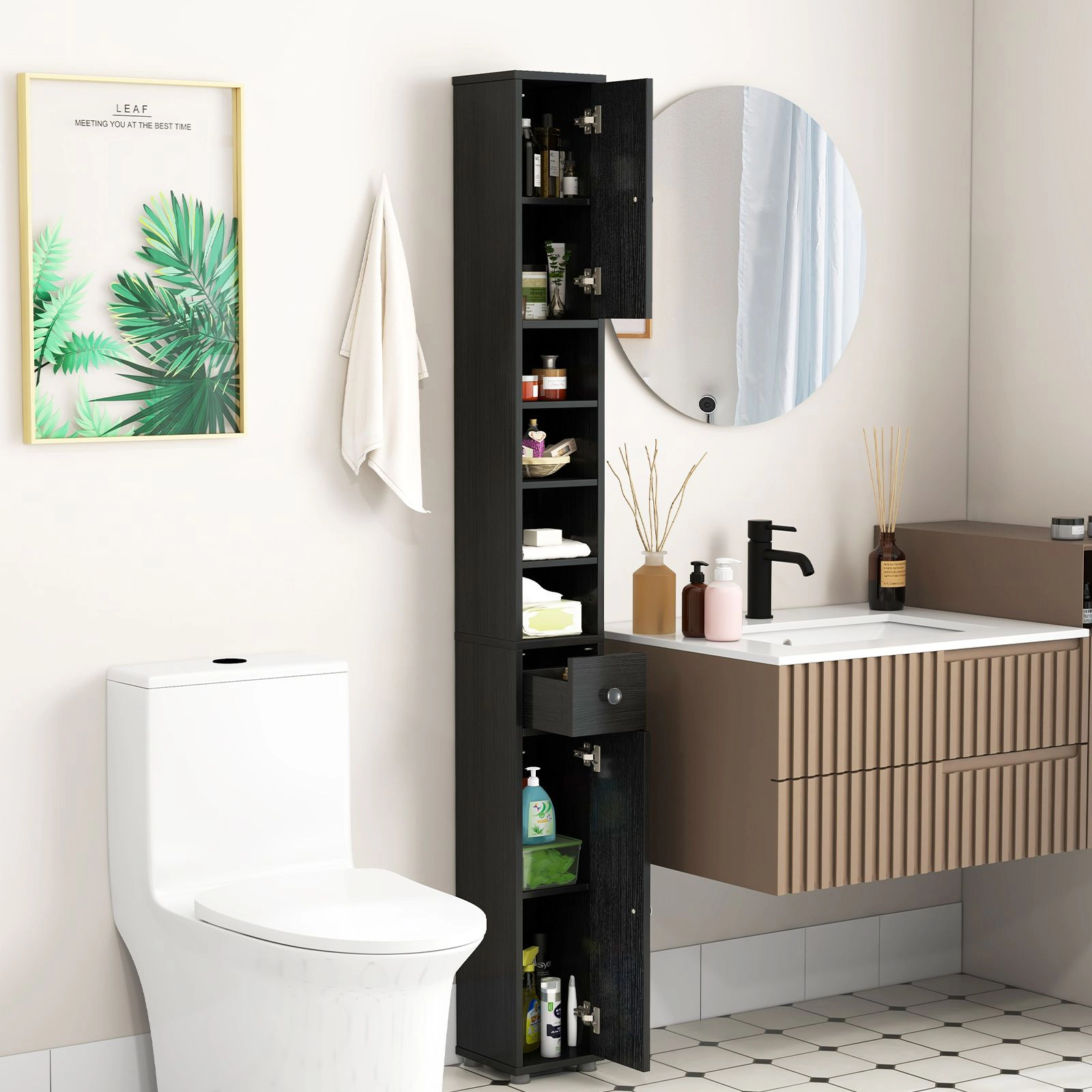 SlickBlue Tall Narrow Bathroom Storage Cabinet with Drawer & Adjustable Shelves