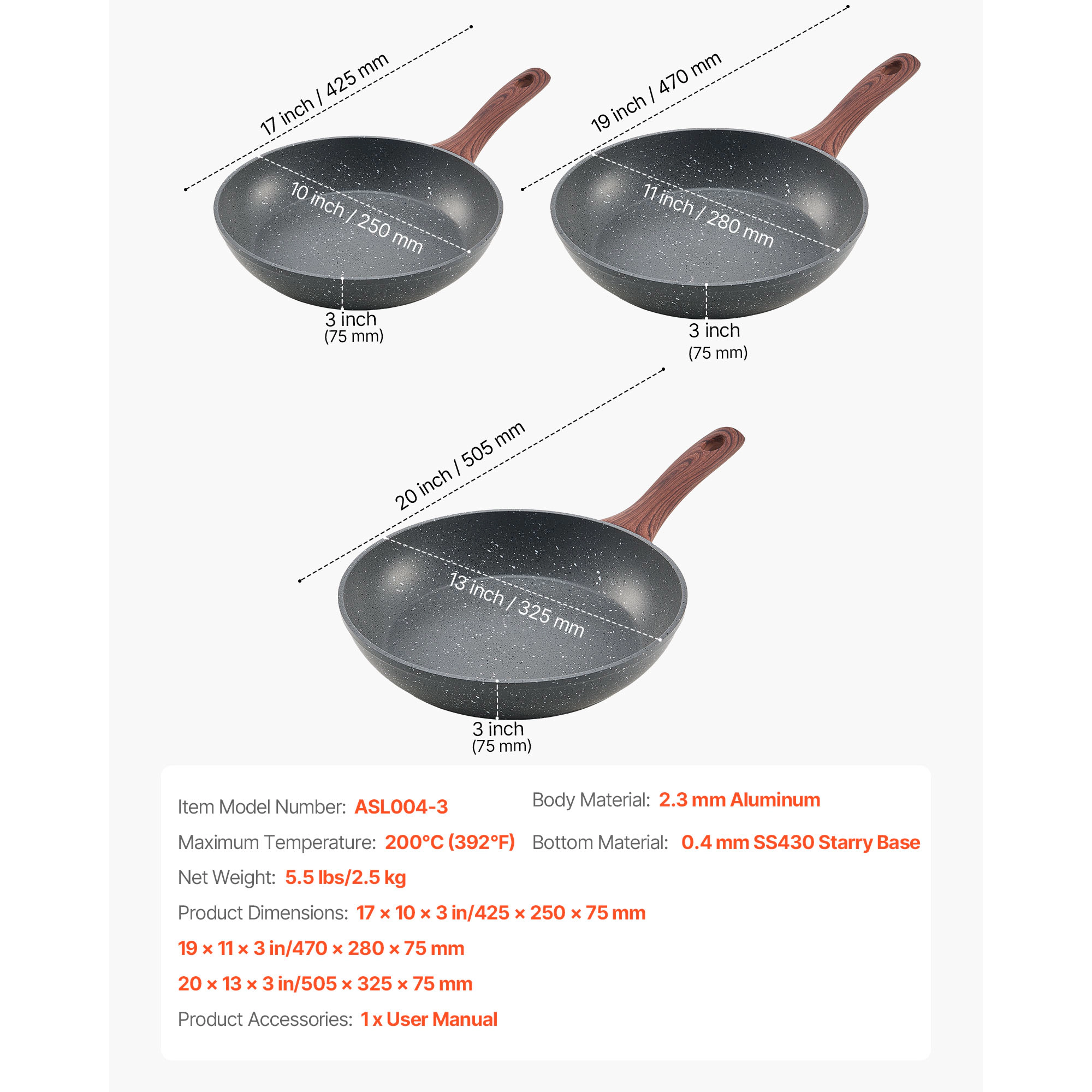 HONGGE 3-Piece Aluminum Nonstick Frying Pan Set, 9.5-12 Inch Gray Skillets with Heat-Resistant Handles