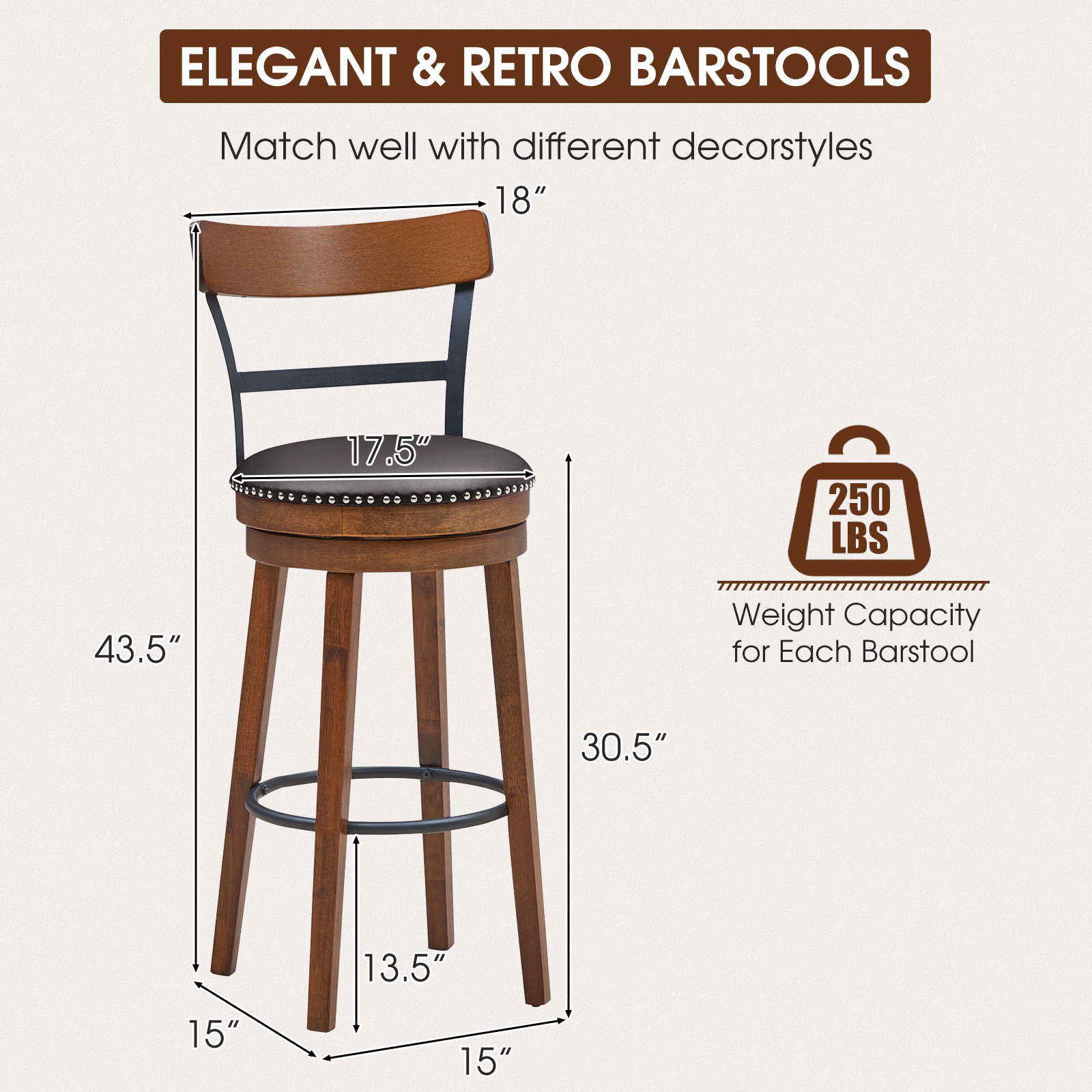 SUGIFT Set of 2 Swivel Pub Height Bar Stools 30.5-in Seat Height 250-lb Capacity Brown PVC Leather and Rubber Wood