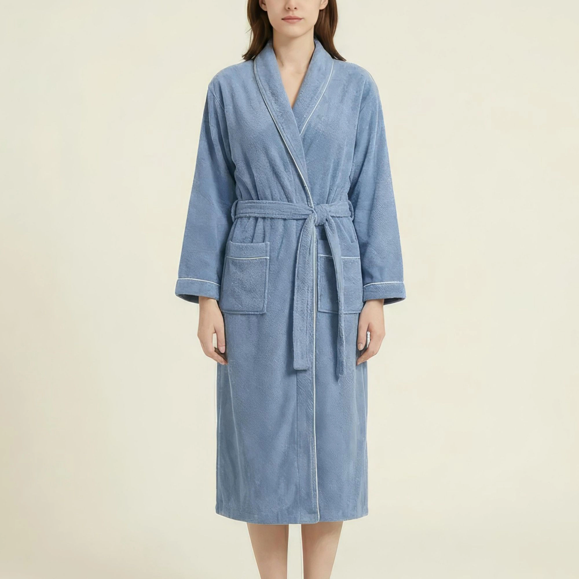 Anna-Kaci Women's Long Plush Robe with Shawl Collar Tie Waist Belt Front Pockets Soft Fleece