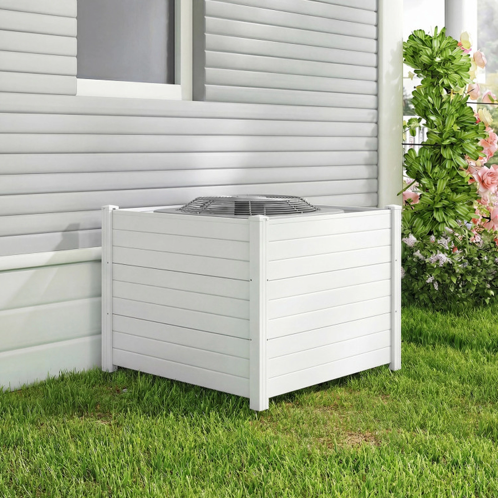 SUGIFT White No Dig Air Conditioner Fence with 3 Panels and 4 Galvanized Ground Stakes 48-in W 38-in H
