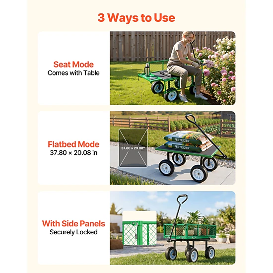 HONGGE 500 Lbs Steel Garden Cart with Adjustable Handle and Flat-Free ...