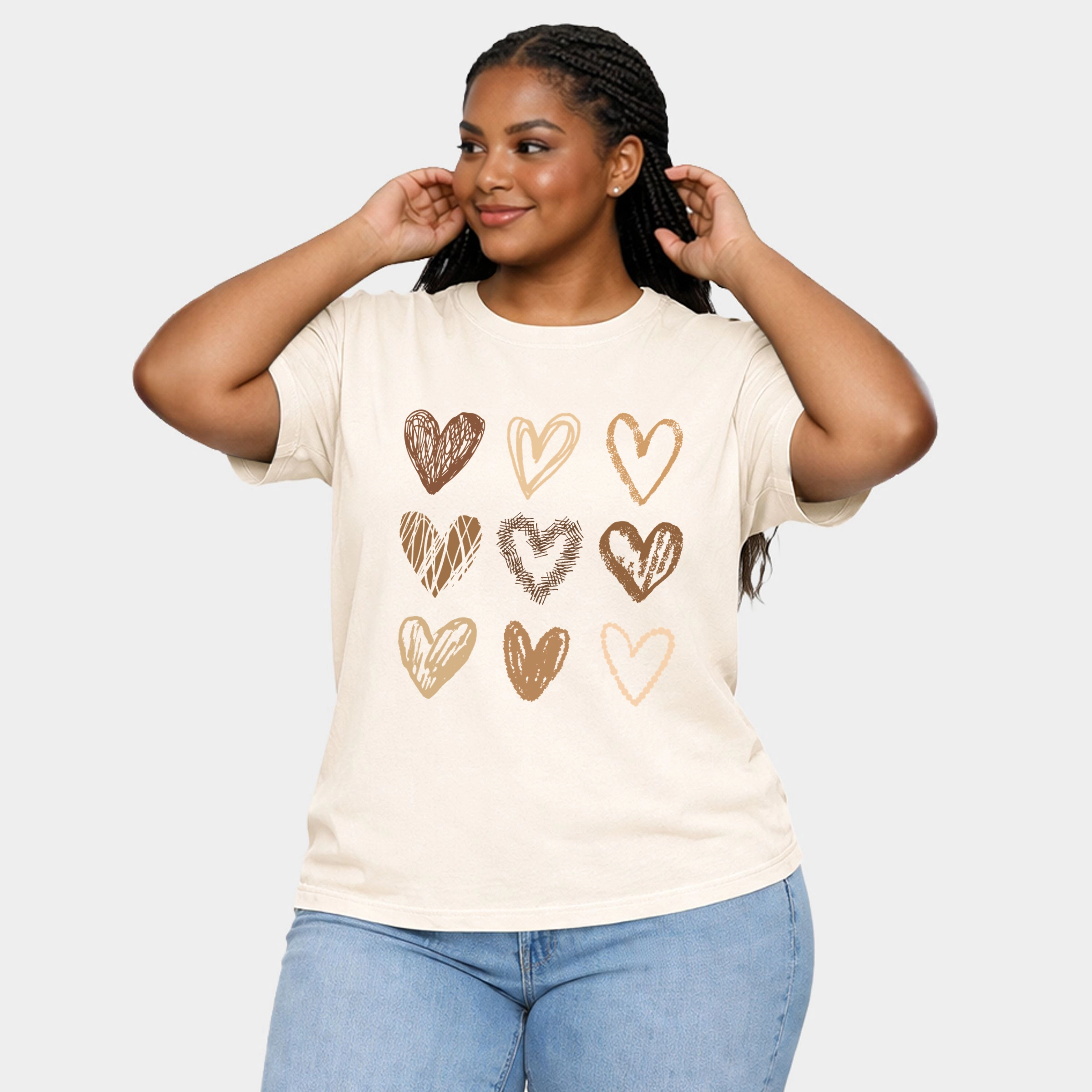 Simply Sage Market - Brown Hearts Collage Women's Plus Sized Garment Dyed Graphic T-Shirt