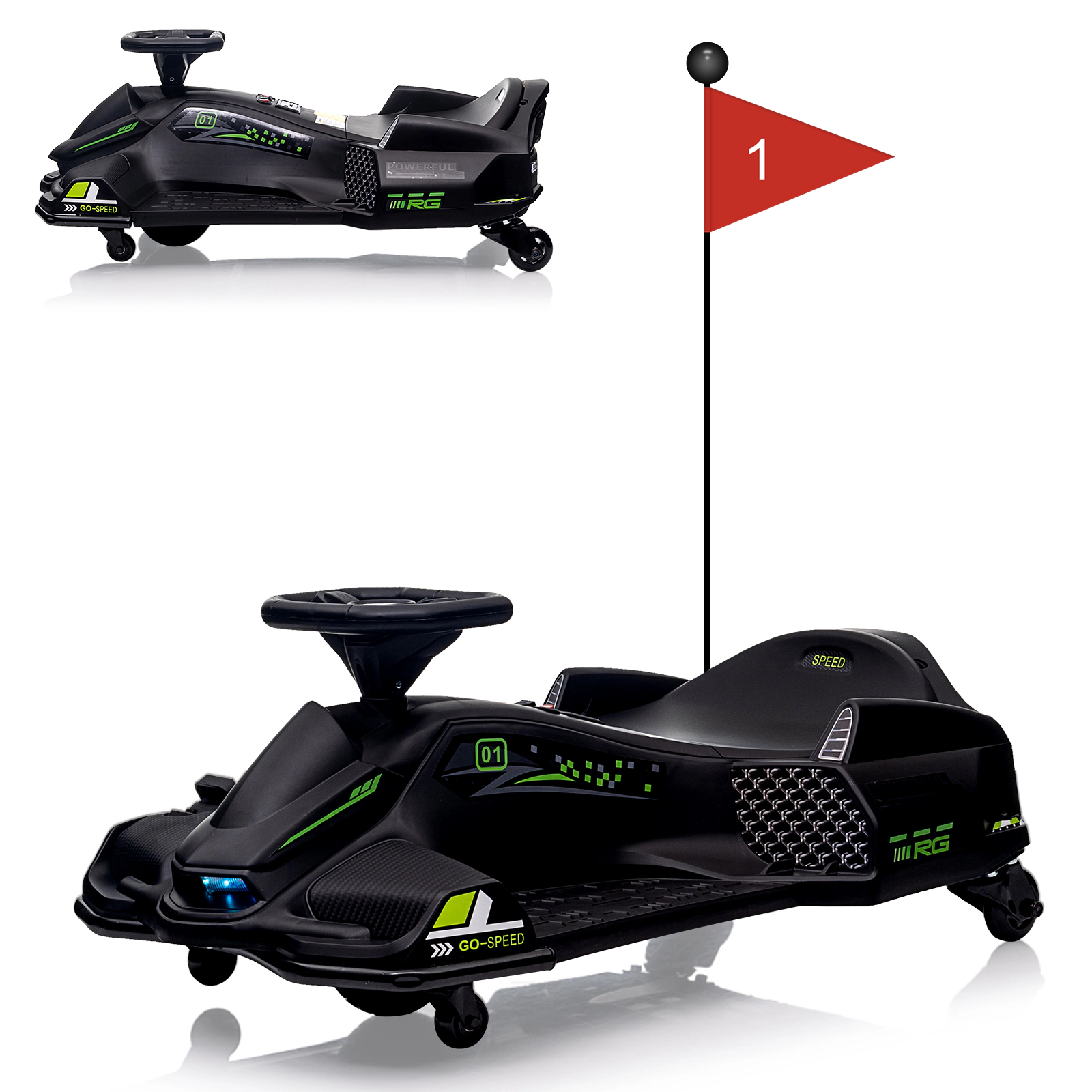 Enjyam 24V Kids Electric Drift Go Kart, Ride On Car w/Variable Speed up to 7.5MPH, Music, LED Lights, USB