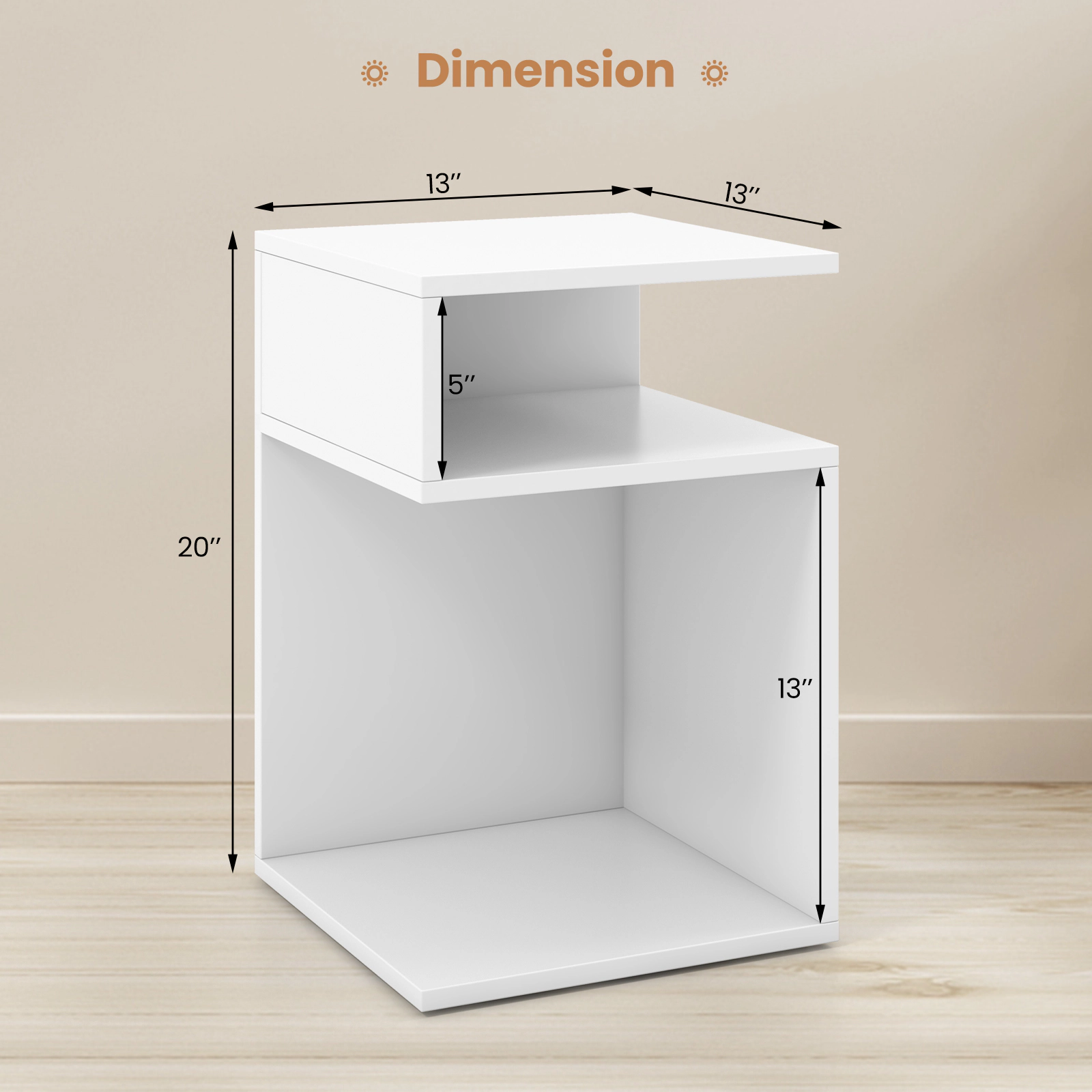 SUGIFT S-Shaped Engineered Wood Side Table with 2 Open Compartments 66-lb Tabletop Capacity White