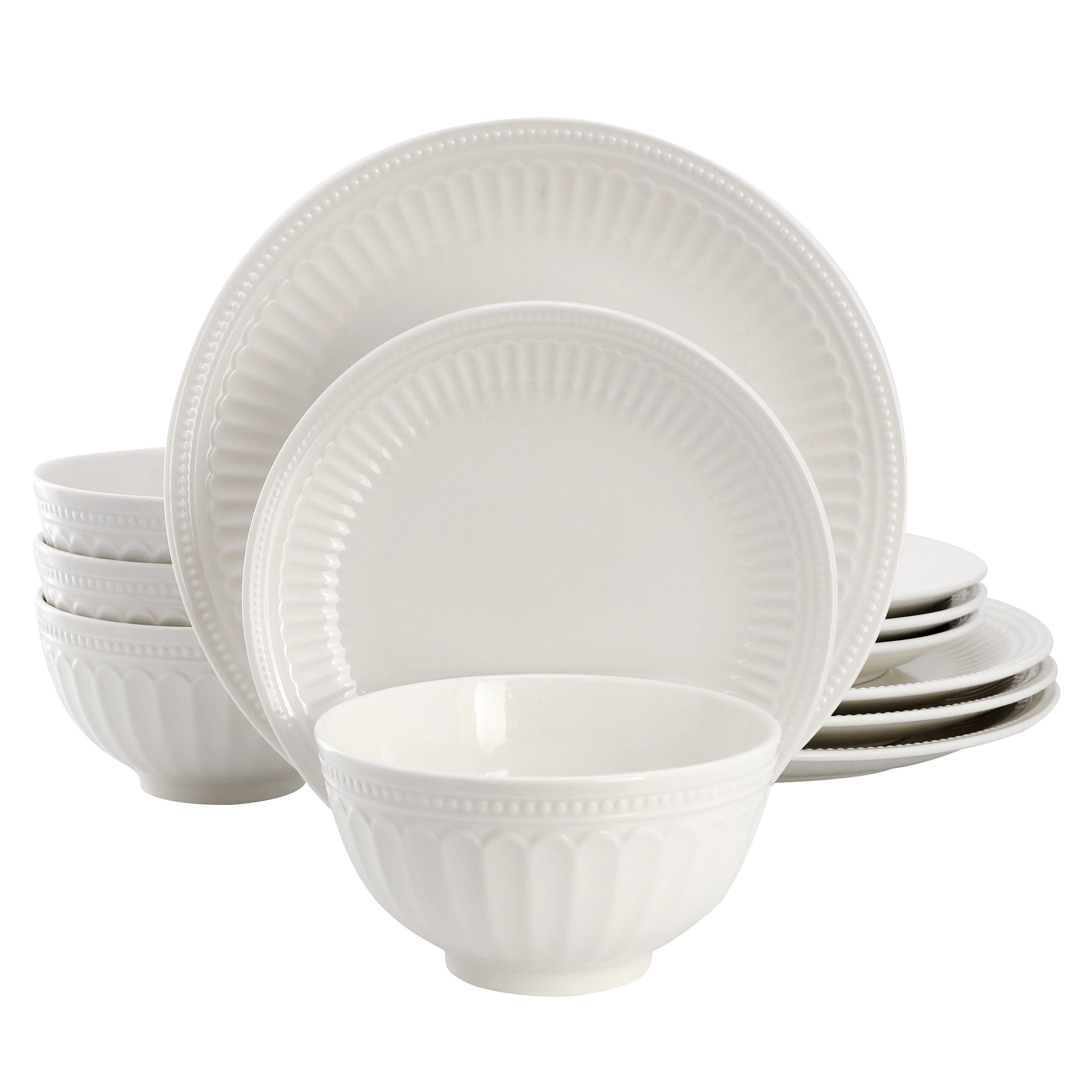 Elama Gabriella 12 Piece Embossed Arch Stoneware Dinnerware Set in White