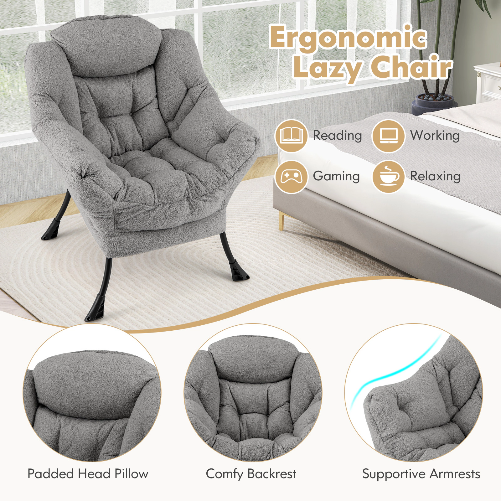 SUGIFT Sherpa Upholstered Accent Chair with Cozy Head Pillow 330-lb Capacity Beige Gray Pink