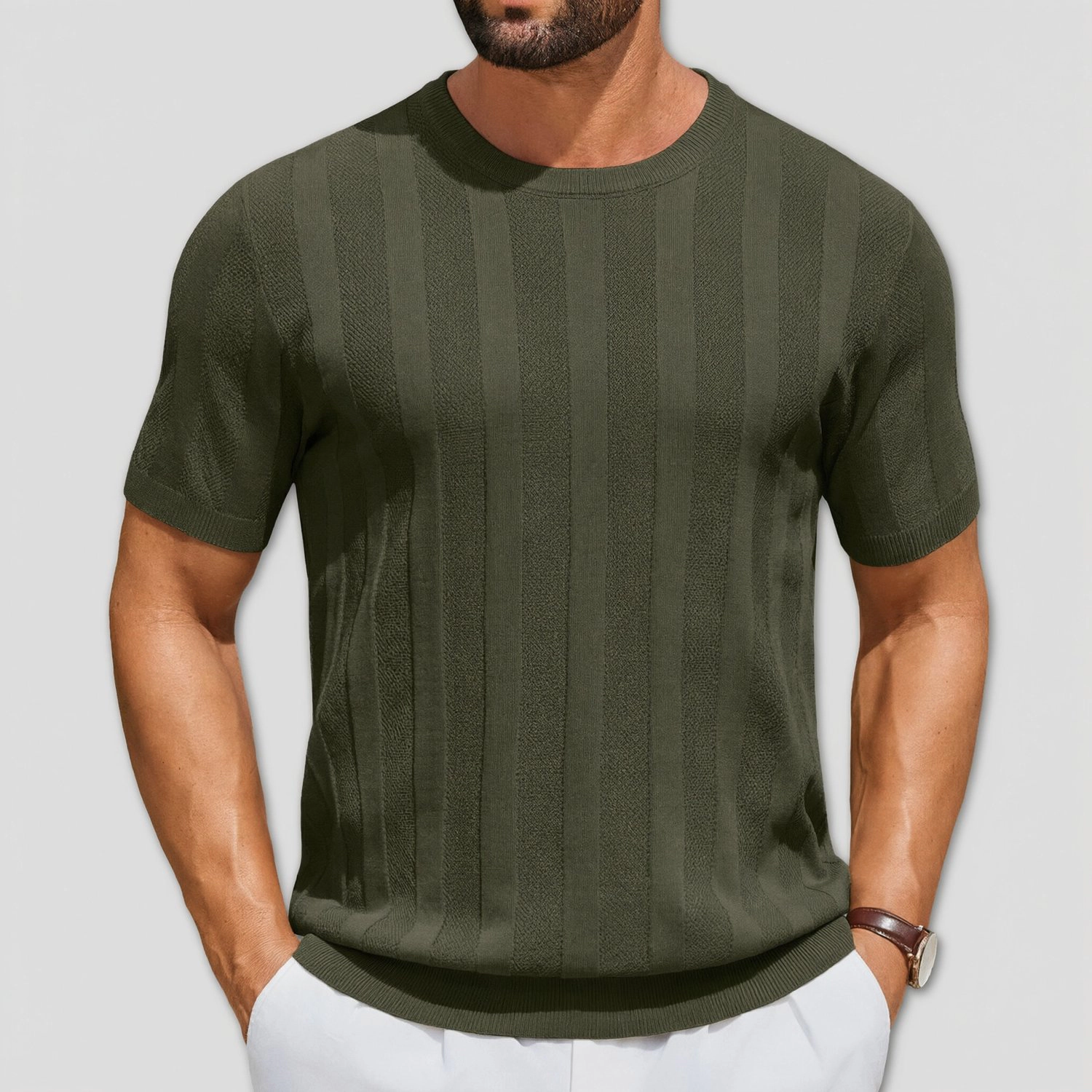 COOFANDY Mens Short Sleeve Crew Neck Tee Vertical Striped Textured Casual Top