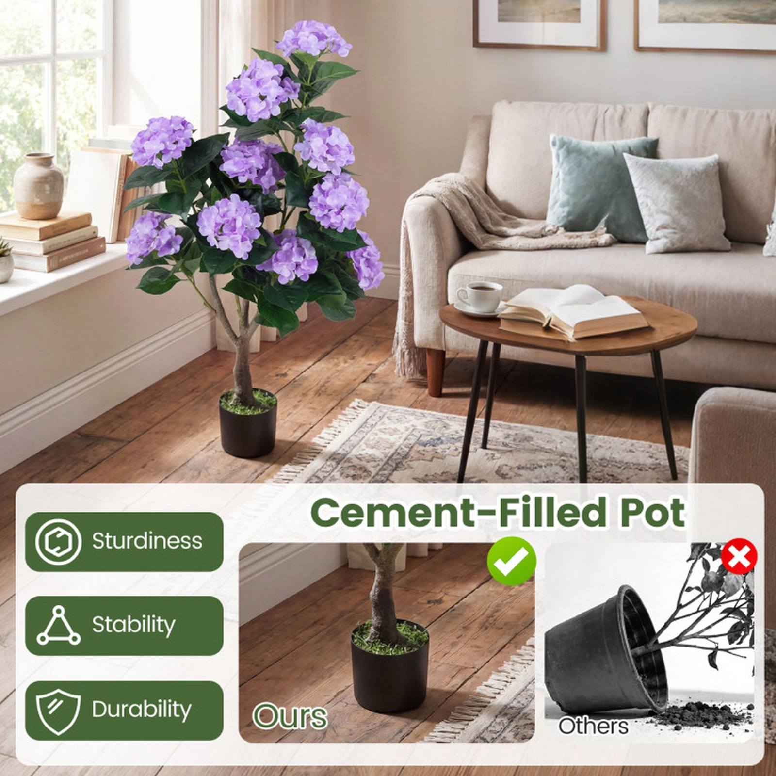 SUGIFT 43.5-in Artificial Hydrangea Tree 2-Pack with 11-Flower Clusters and Cement-Filled Flower Pots Purple