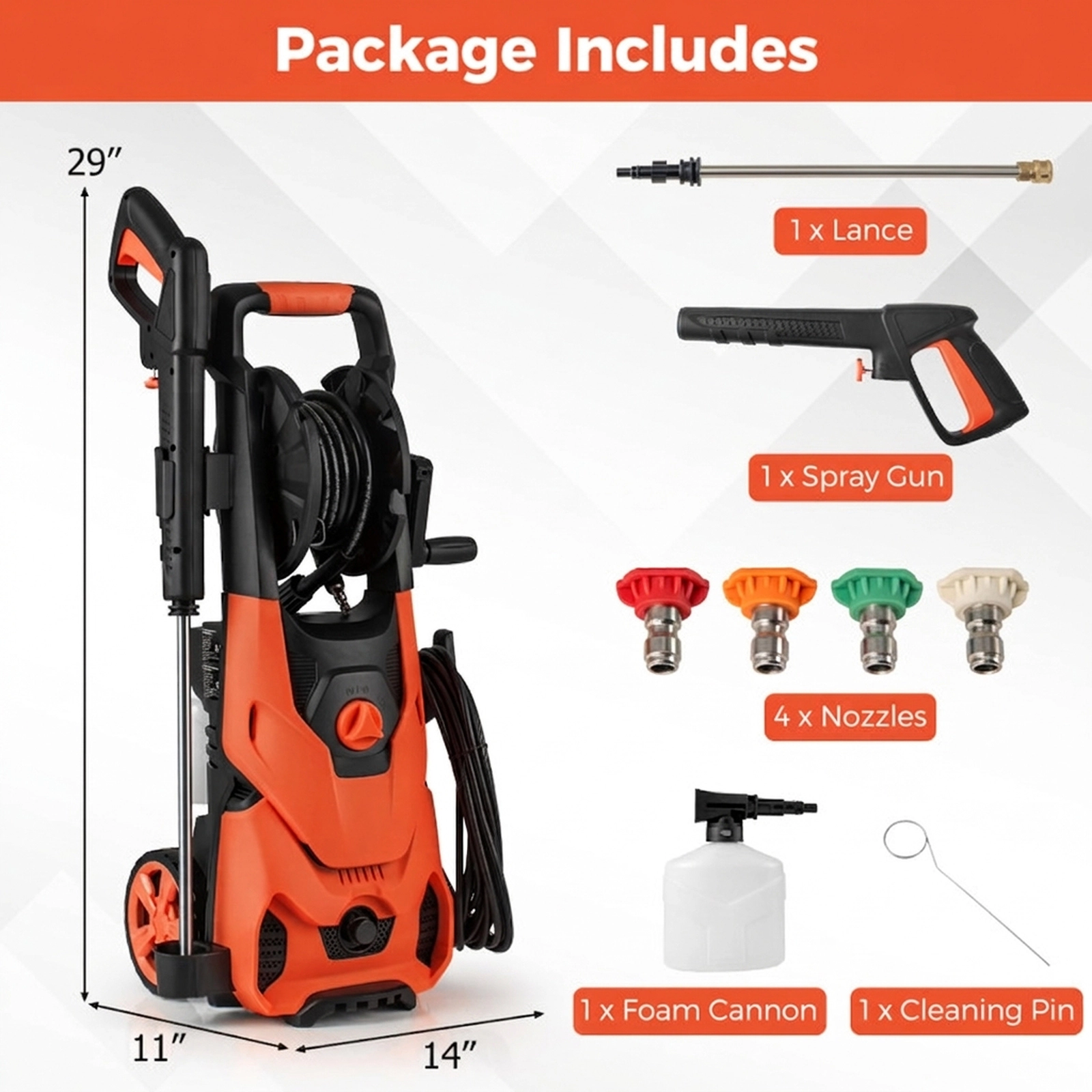 SUGIFT 2150-PSI Orange Electric Pressure Washer with 4 Nozzles and Foam Cannon 1.2-GPM 14-in W 11-in D 29-in H