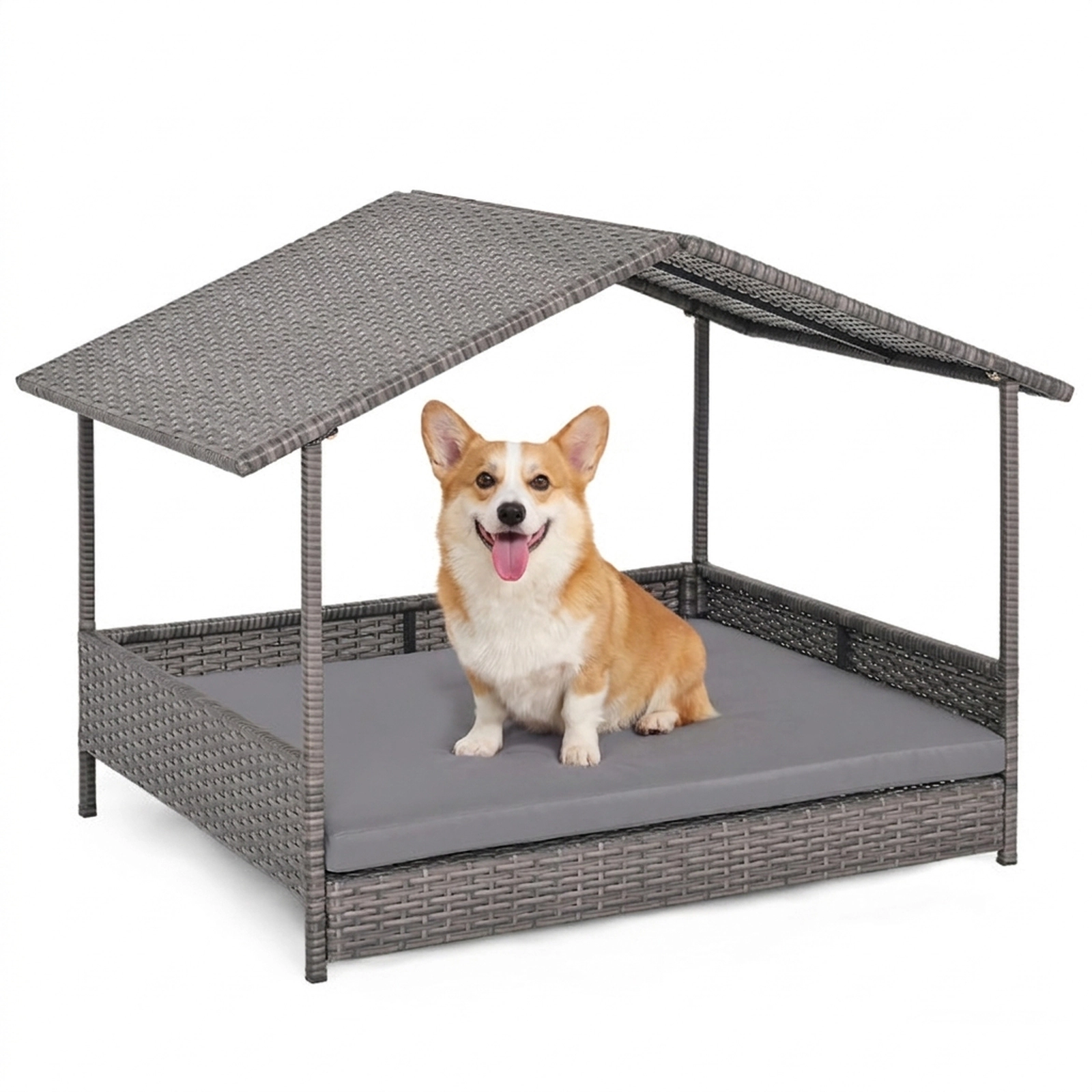 SUGIFT Wicker Dog House Elevated Pet Bed with Roof Canopy 165-lb Capacity Gray