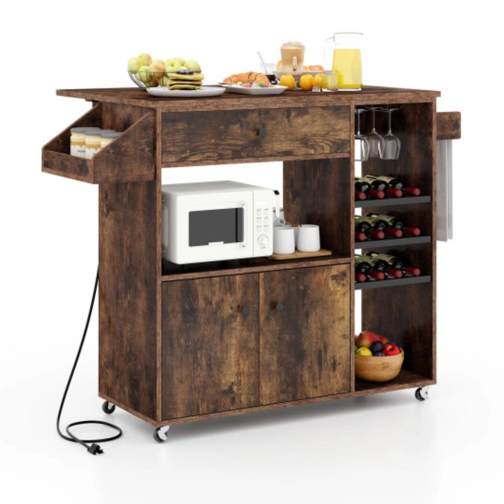 Hivvago Drop Leaf Mobile Kitchen Island Cart with Power Outlet and Adjustable Shelf
