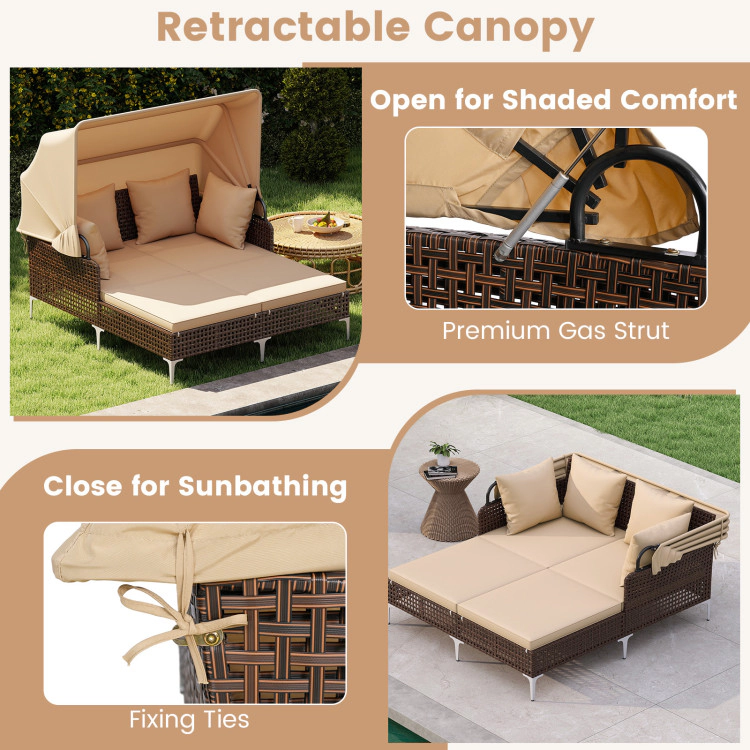 Hivvago Outdoor Daybed With Retractable Canopy Pe Wicker Rattan Patio Lounger