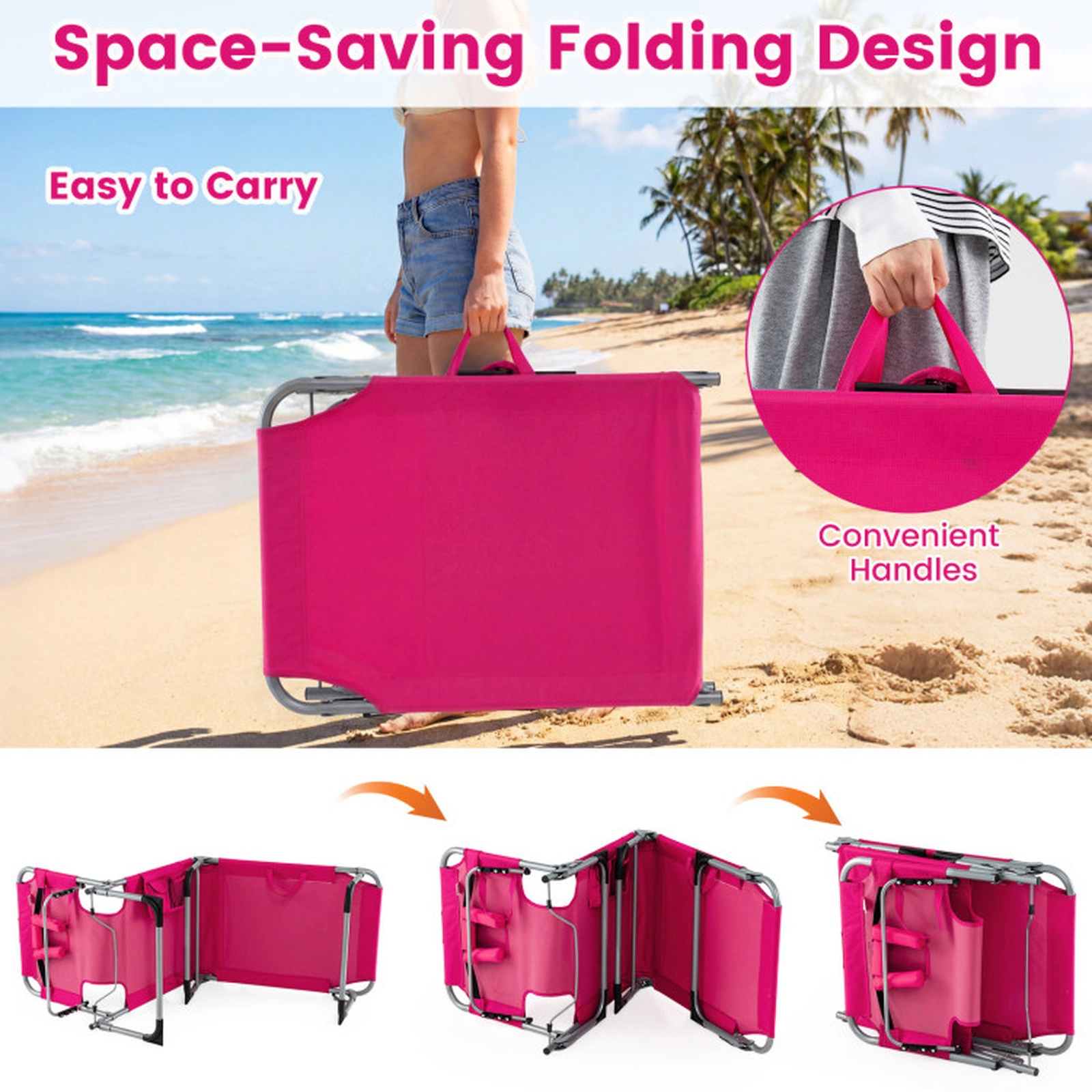SUGIFT Set of 2 Portable Tanning Chaise Lounge Chairs with 4-Position Adjustable Backrest 330-Lb Capacity Pink