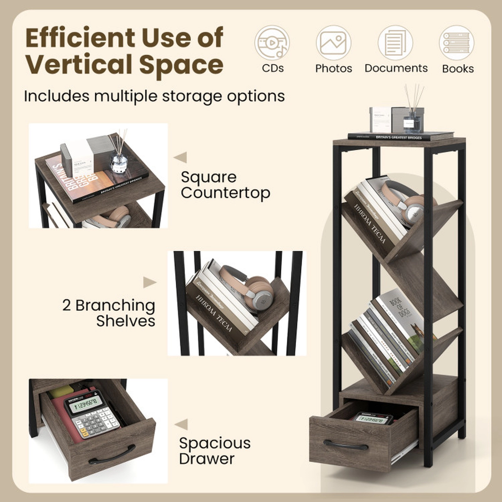 SUGIFT 4 Tier Floor Tree Bookshelf with Drawer and Metal Frame 36-in Tall 33-lb Per Shelf Capacity Gray & Black