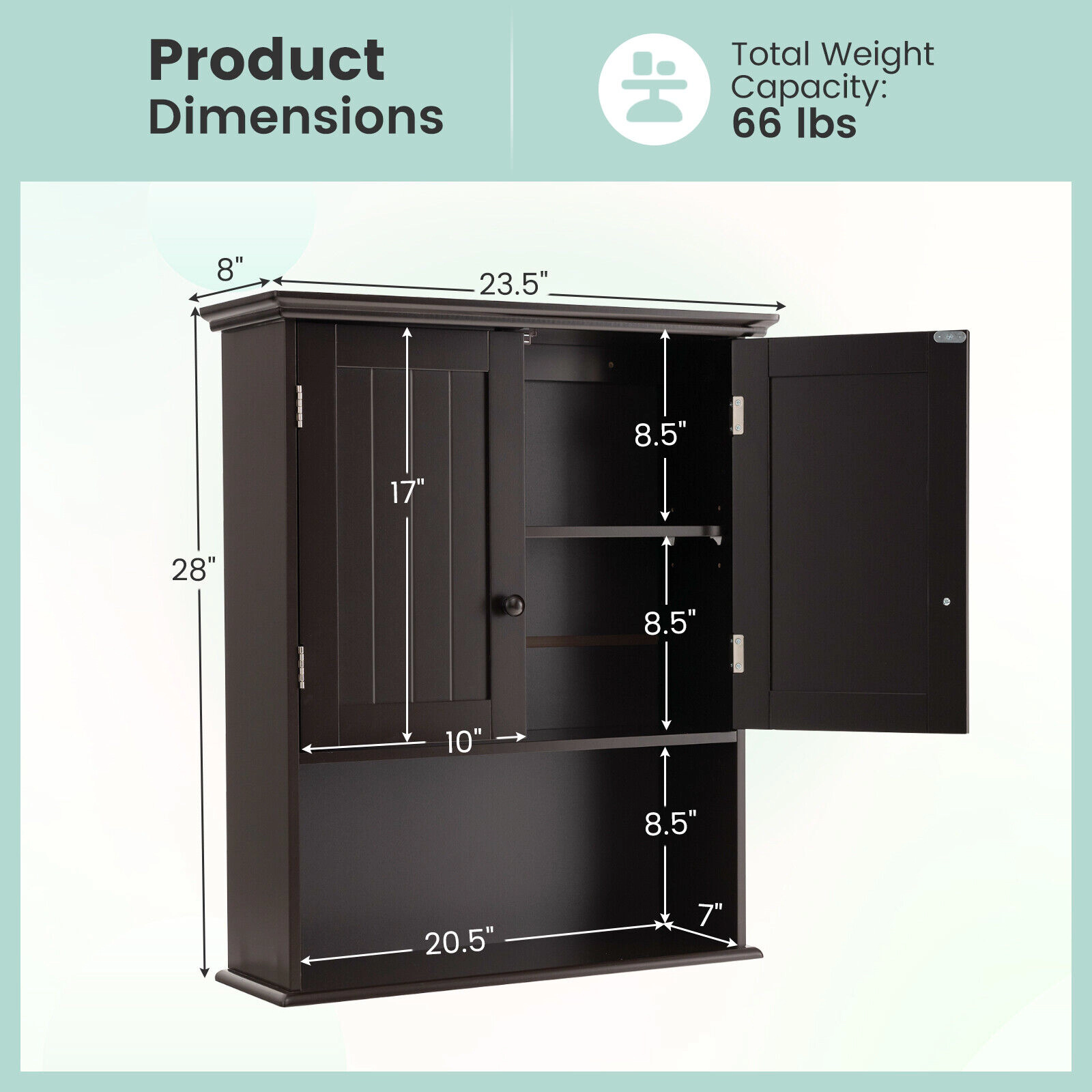 SUGIFT 3-Tier Wall Mount 2-Door Beadboard Bathroom Storage Cabinet 23.5-in x 8-in x 28-in 11-lb per Shelf Espresso