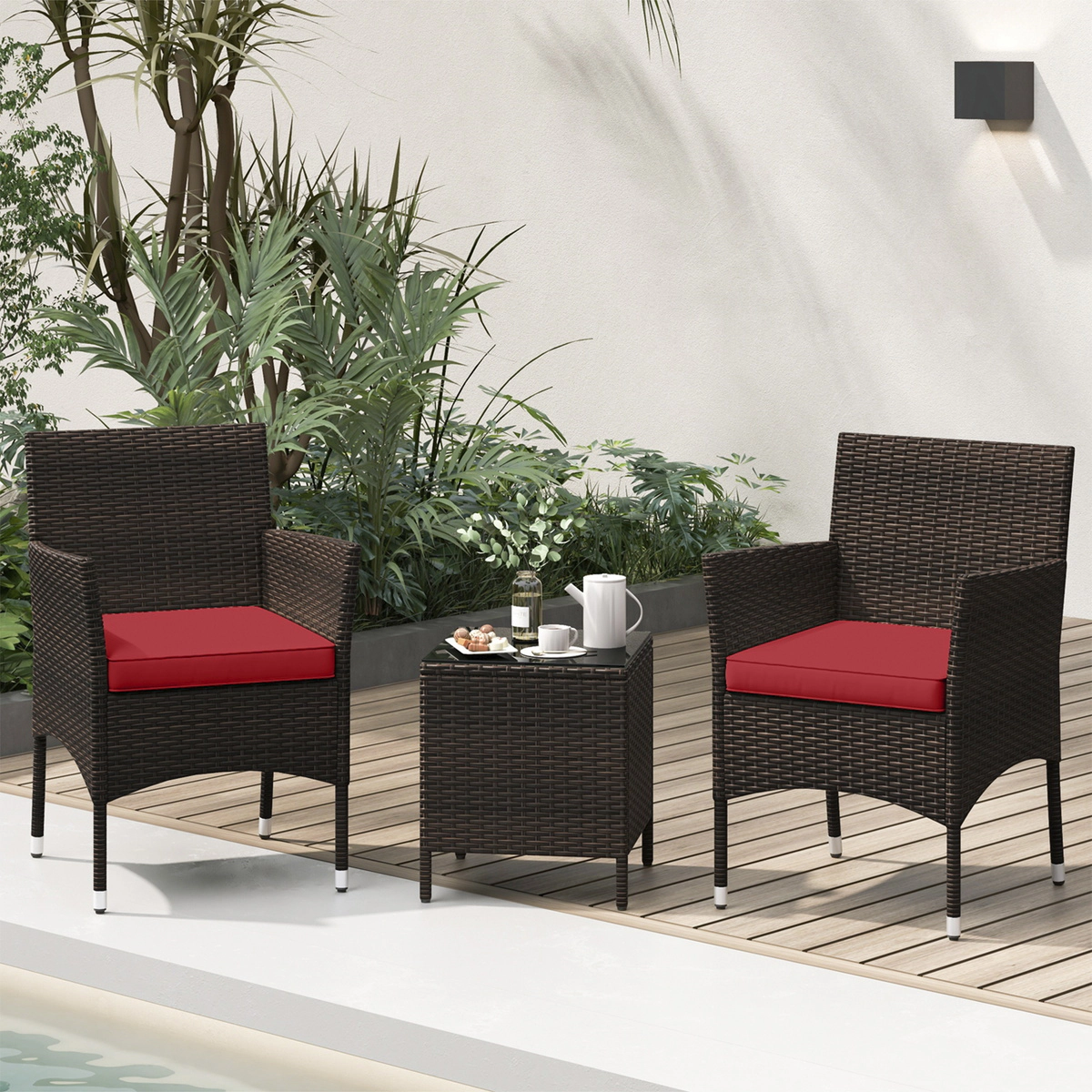 SUGIFT 3-Piece Outdoor PE Rattan Conversation Set with Cushions and Glass Tabletop 400-lb Chair Capacity Red