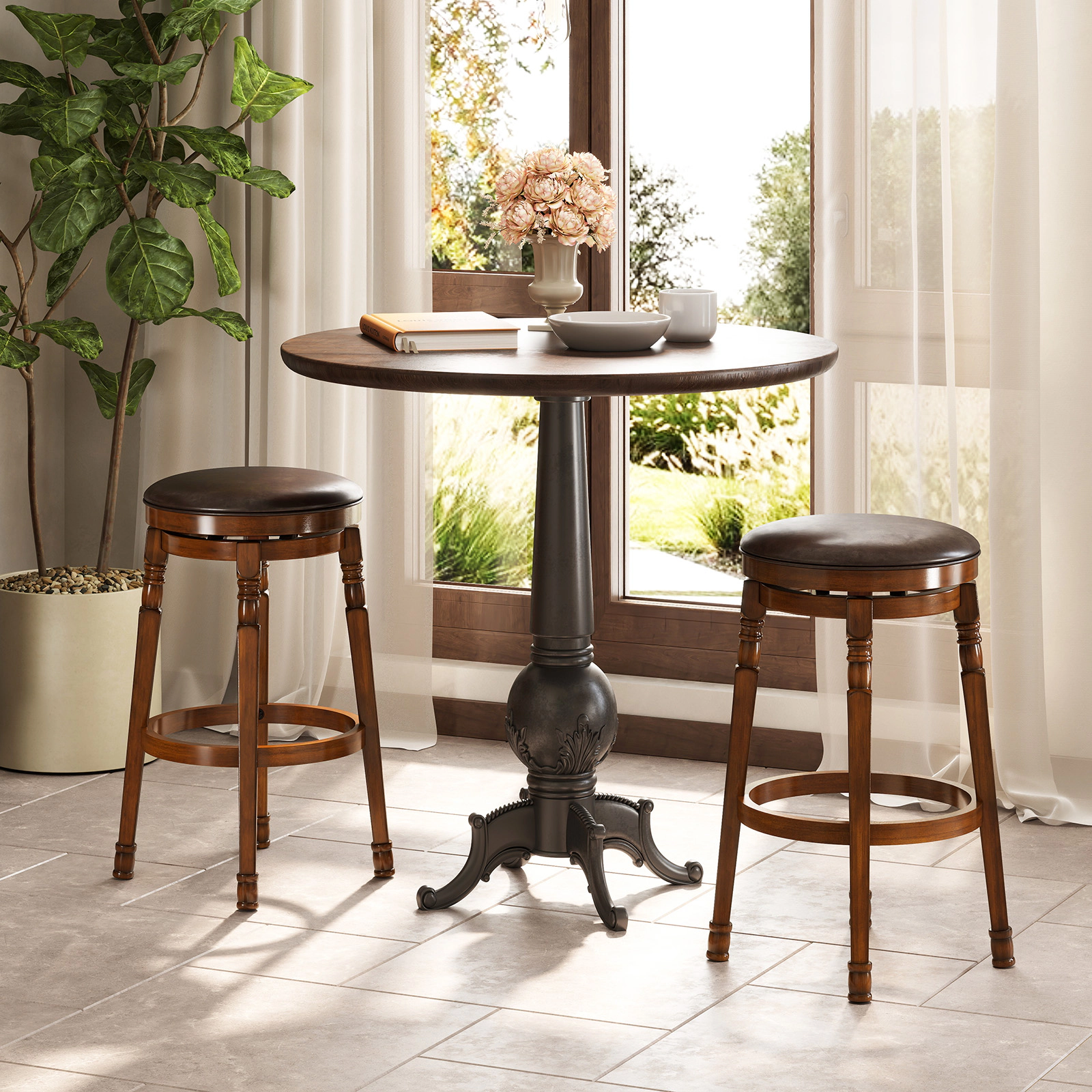 LJG Set of 2 Swivel Leather Padded Bar Dining Stools