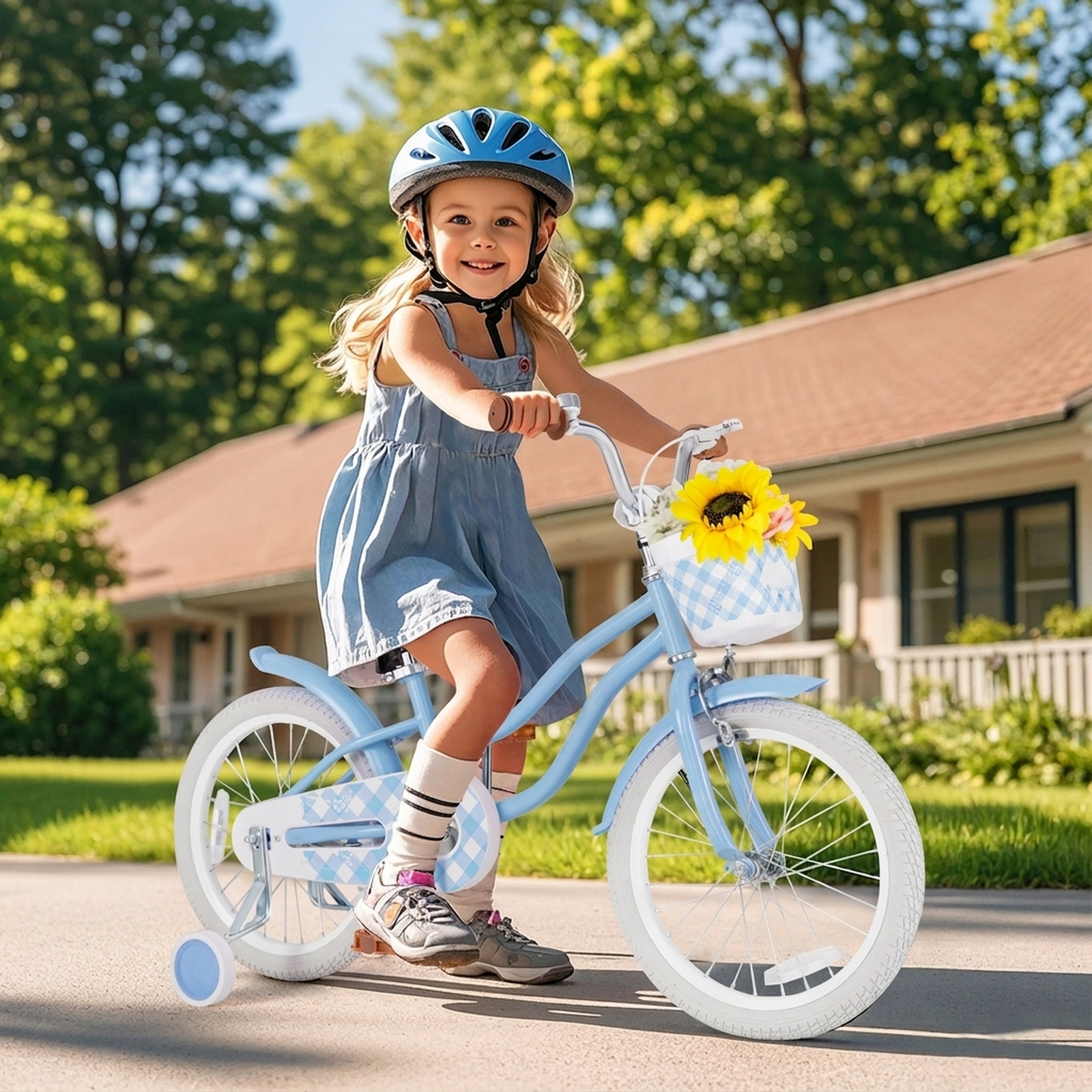 18-in Kids Bike Kickstand Removable Basket Adjustable 24-in to 28-in Saddle Training Wheels Ages 4-8 Light Blue