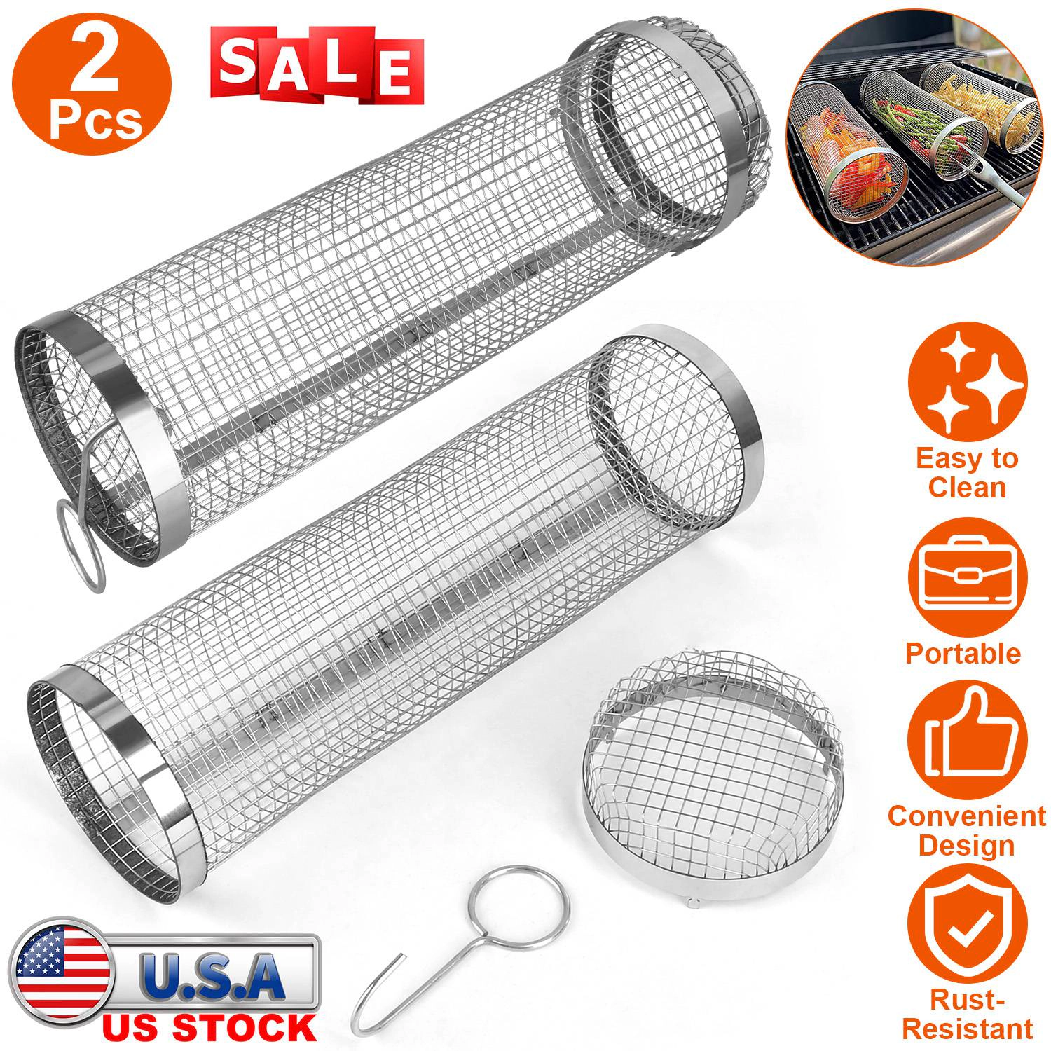 GBruno 2-Pc Stainless Steel BBQ Rolling Basket