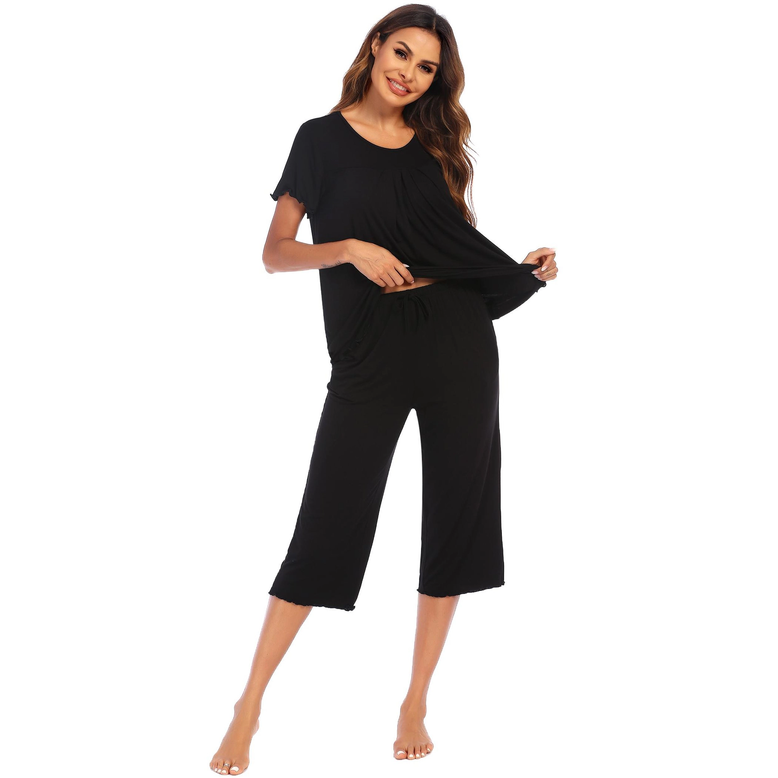 Ekouaer Pajama Set for Women 2 Piece Capri Pants Short Sleeve Top Sleepwear Soft Pjs Loungewear