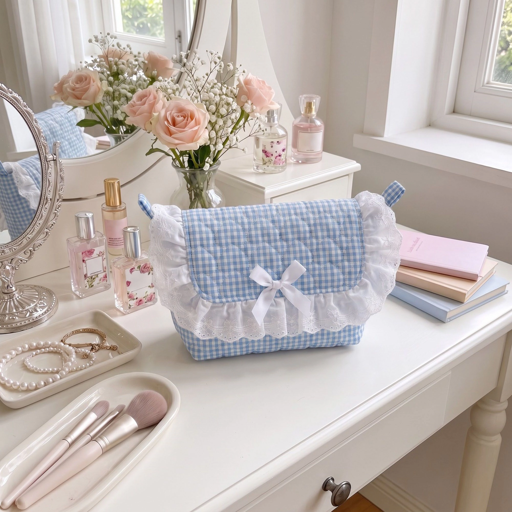 Alilang Unisex Quilted Gingham Makeup Bag with Shoulder Strap Lace Ruffle Bow