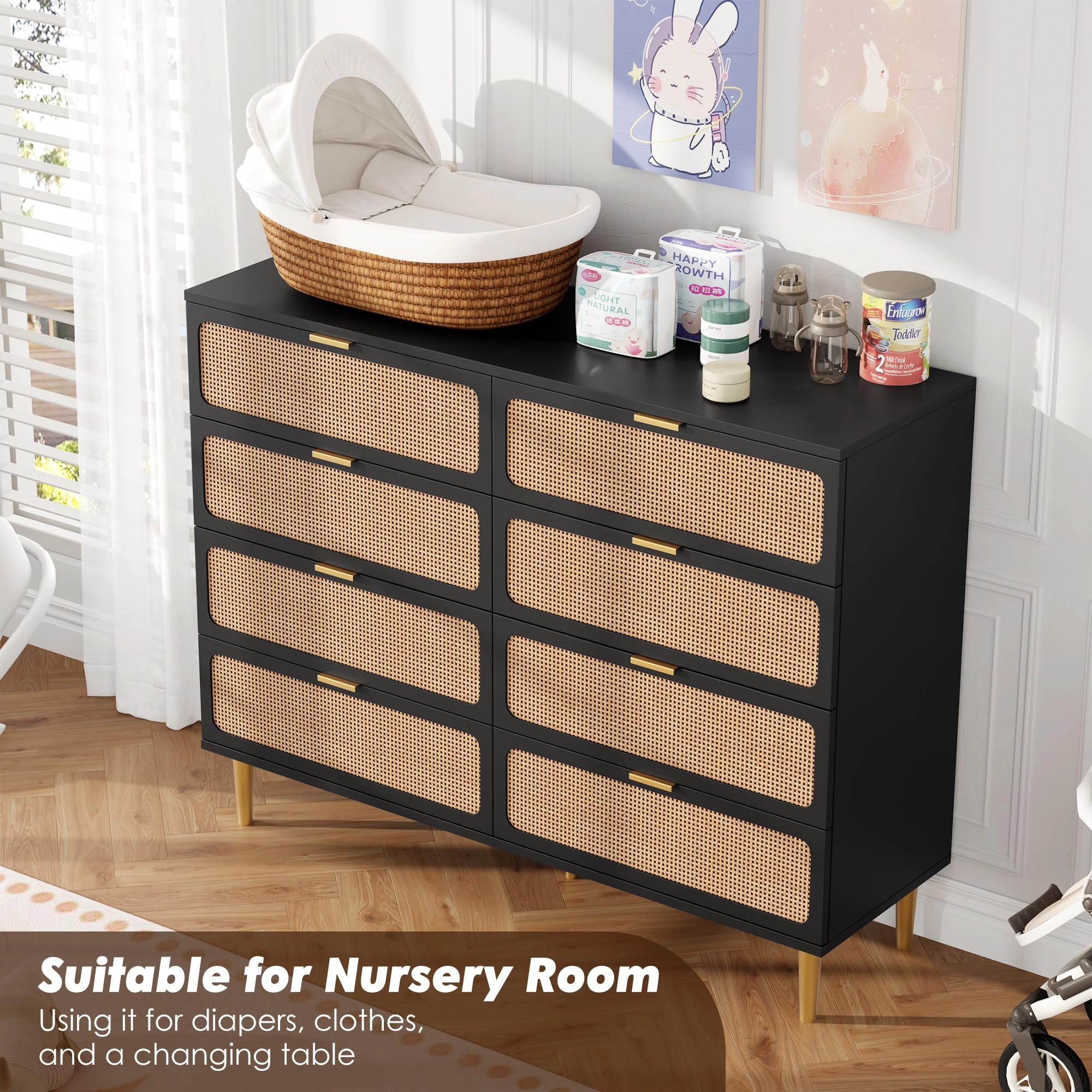8 Drawer Rattan Dresser, Wooden Chest with Deep Drawers & Wide Top for Bedroom Living Room Hallway