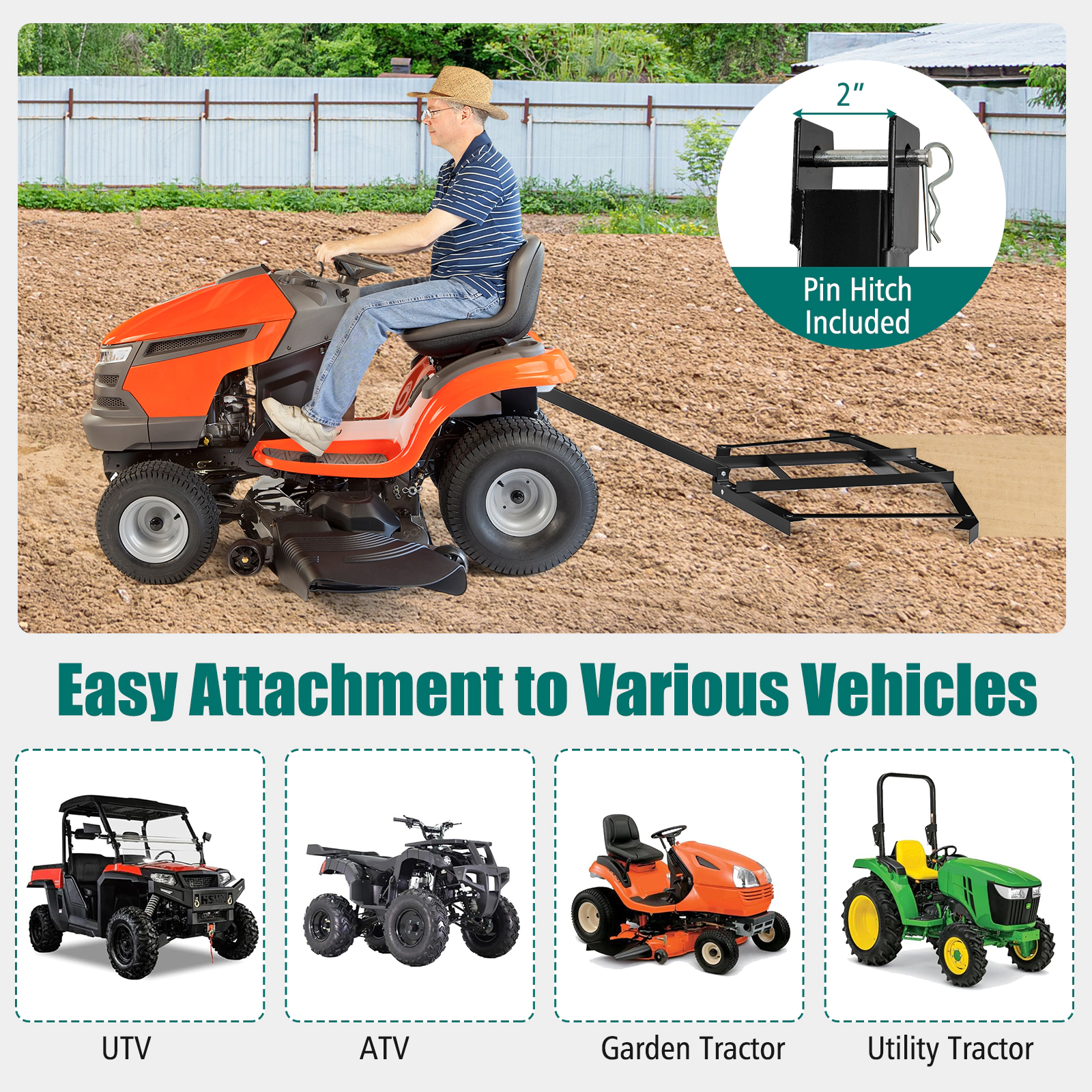 LJG 66" Wide Driveway Drag Tow Behind Landscape Leveling Rake with Reinforced Bars
