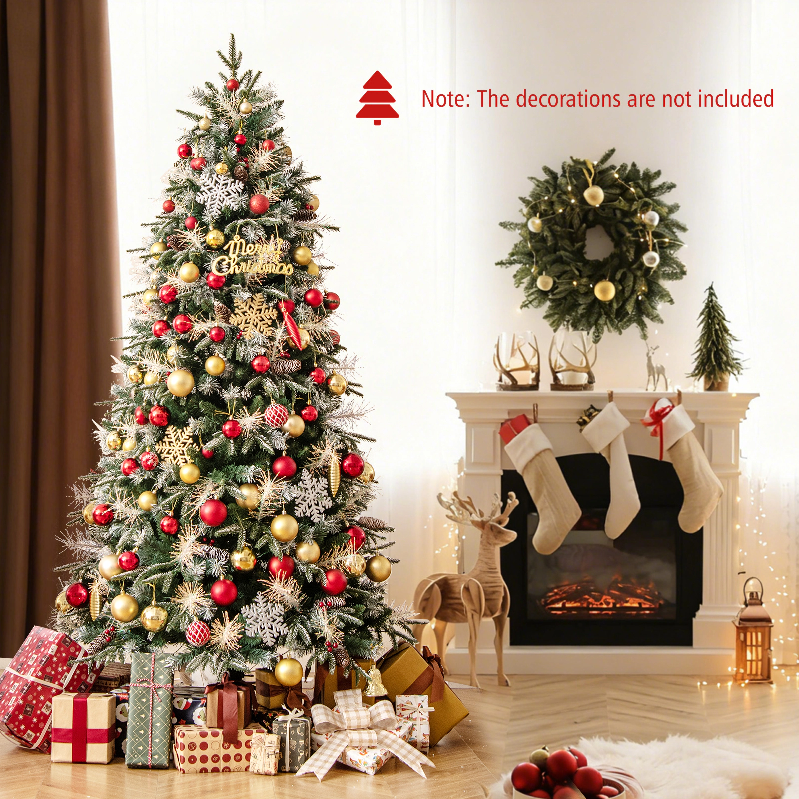 SUGIFT 7-ft Green Pre-Lit Artificial Christmas Tree with 350 LEDs 1072 Snow-Tipped Branches and Pine Cones