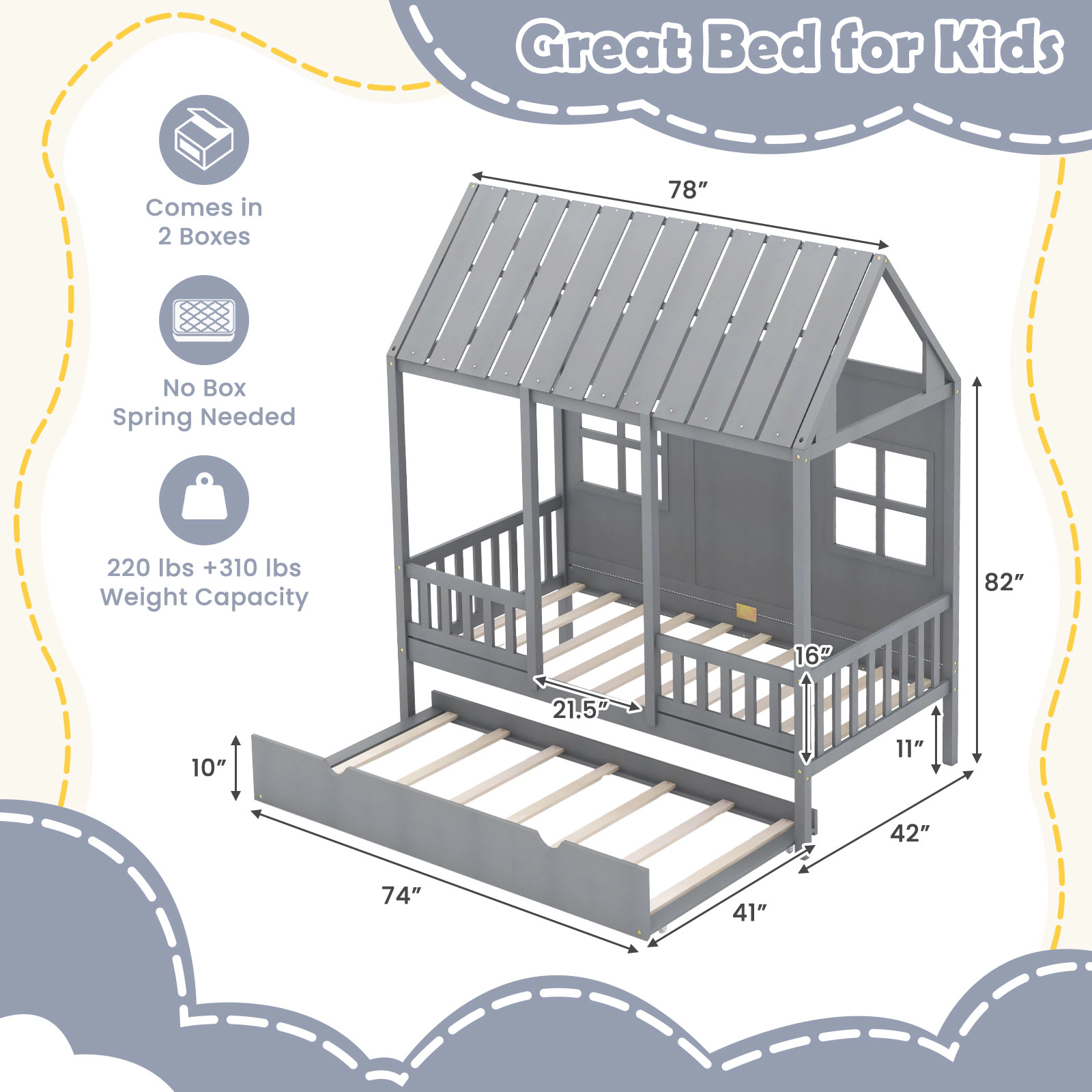 SUGIFT Gray Trundle 82-in Roof and Window Cutouts Twin Kids House Bed Frame