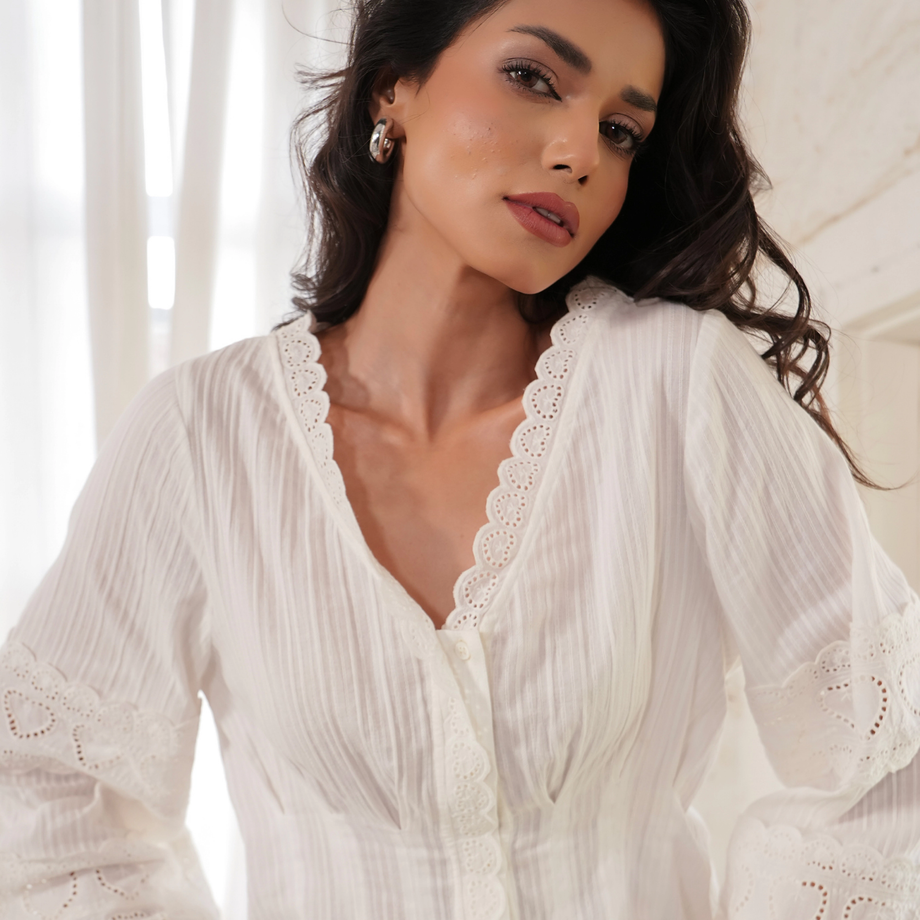 Rose & Nancy Women's Harri White Cotton Heart Lace Blouse