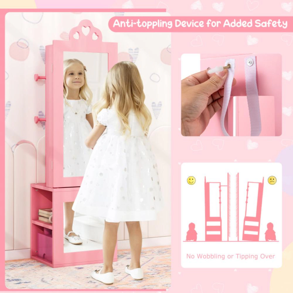 Hivvago Princess Vanity Table And Stool Set Freestanding Jewelry Cabinet Armoire With Full-Length Mirror-Pink