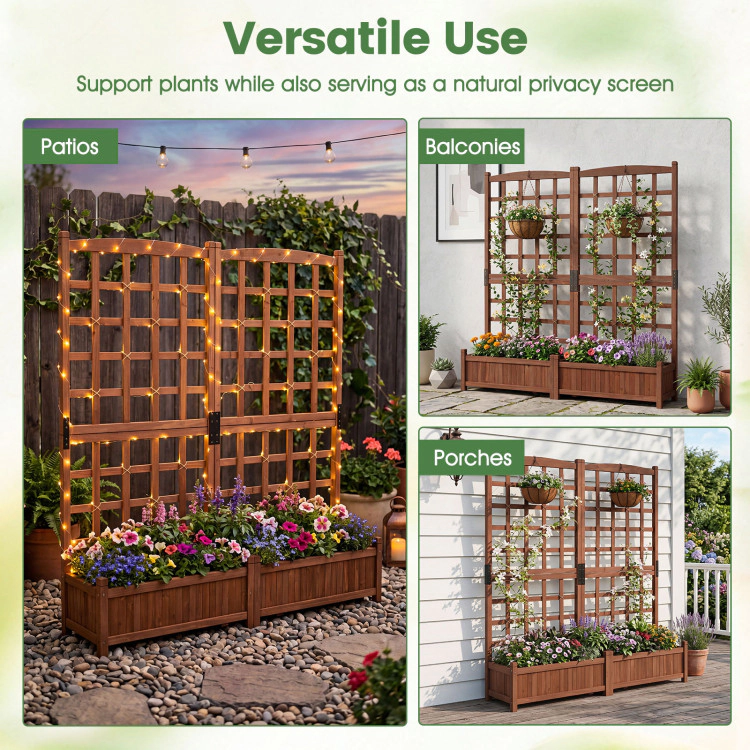 Hivvago Outdoor Dual Wooden Raised Garden Bed with Trellis and Drainage Holes
