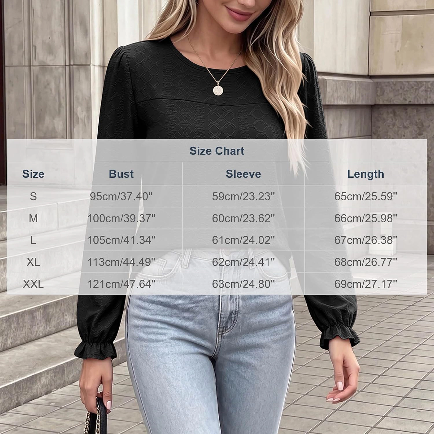 Enchanted Funland Womens Round Neck Textured Jacquard Puff Long Sleeve Ruffle Tops