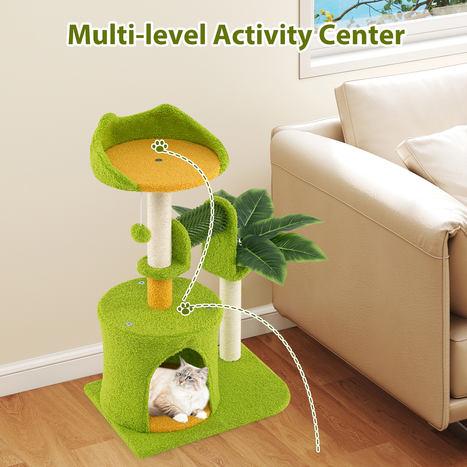 Glintex 31-Inch Palm Cat Tree with Artificial Leaves Self-Groomer and Ear-Shaped Perch, Green