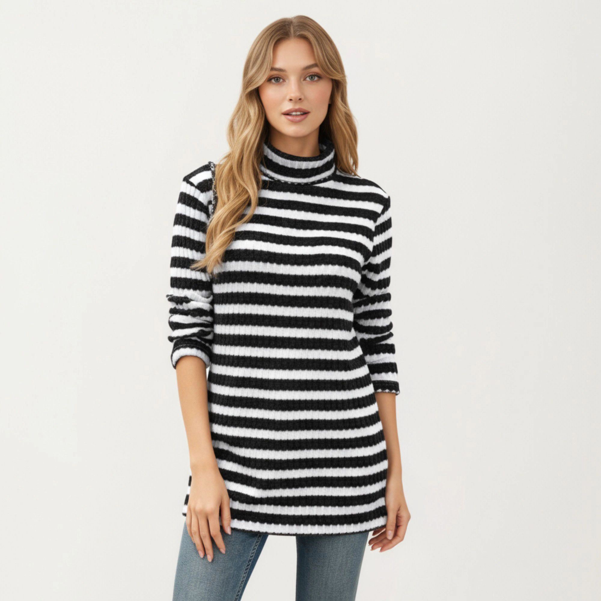 Anna-Kaci Women's Striped Ribbed Turtleneck Tunic Length Relaxed Fit Long Sleeve Pullover Top