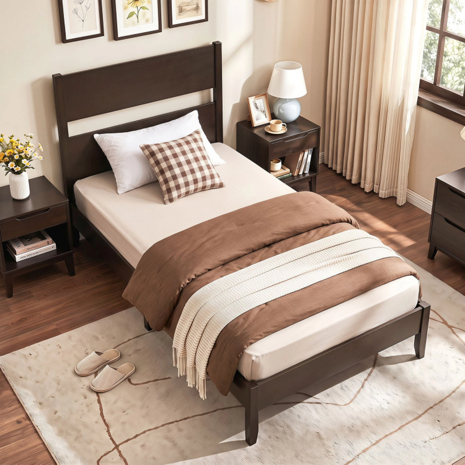 SUGIFT Dark Walnut Panel Headboard Solid Wood Legs and 12 Slats Twin Size Wooden Bed Frame