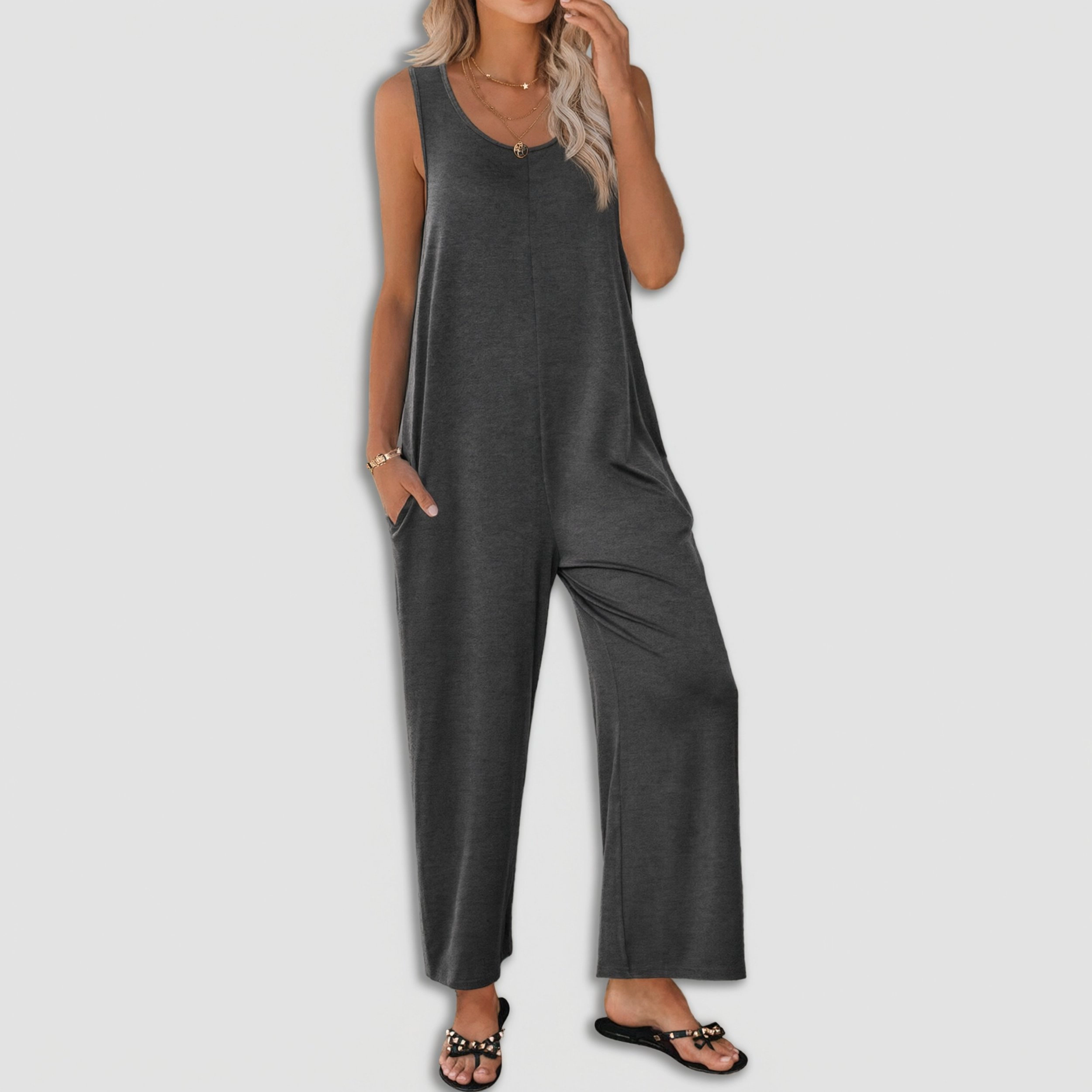 Ekouaer Women's Sleeveless Scoop Neck Wide Leg Jumpsuit with Pockets