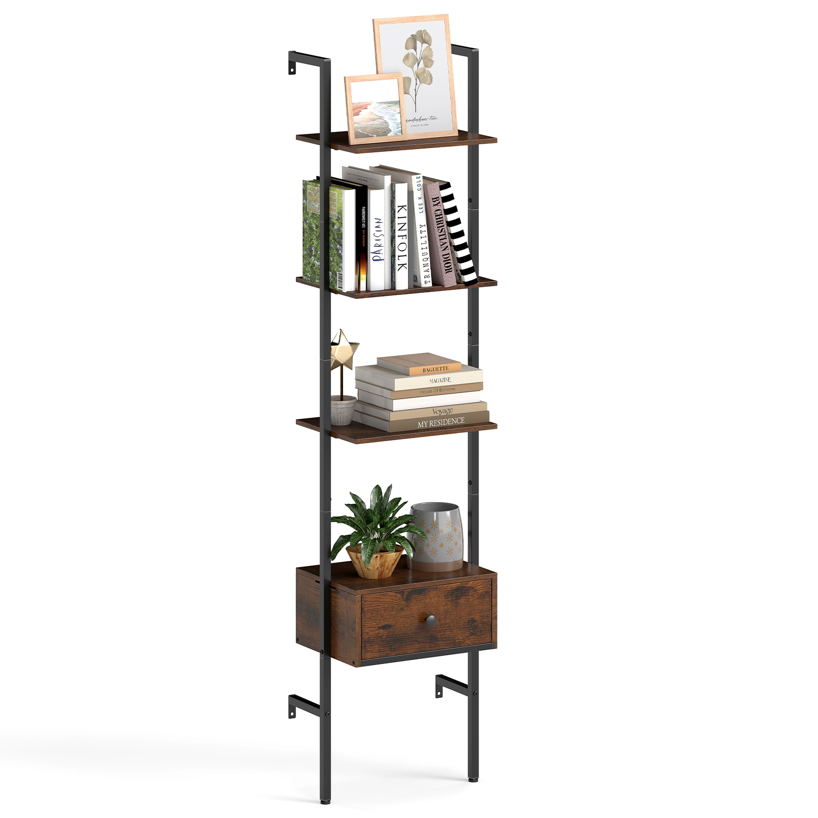 LJG 5-Tier Ladder Bookcase with Drawer and Metal Frame for Study Home Office