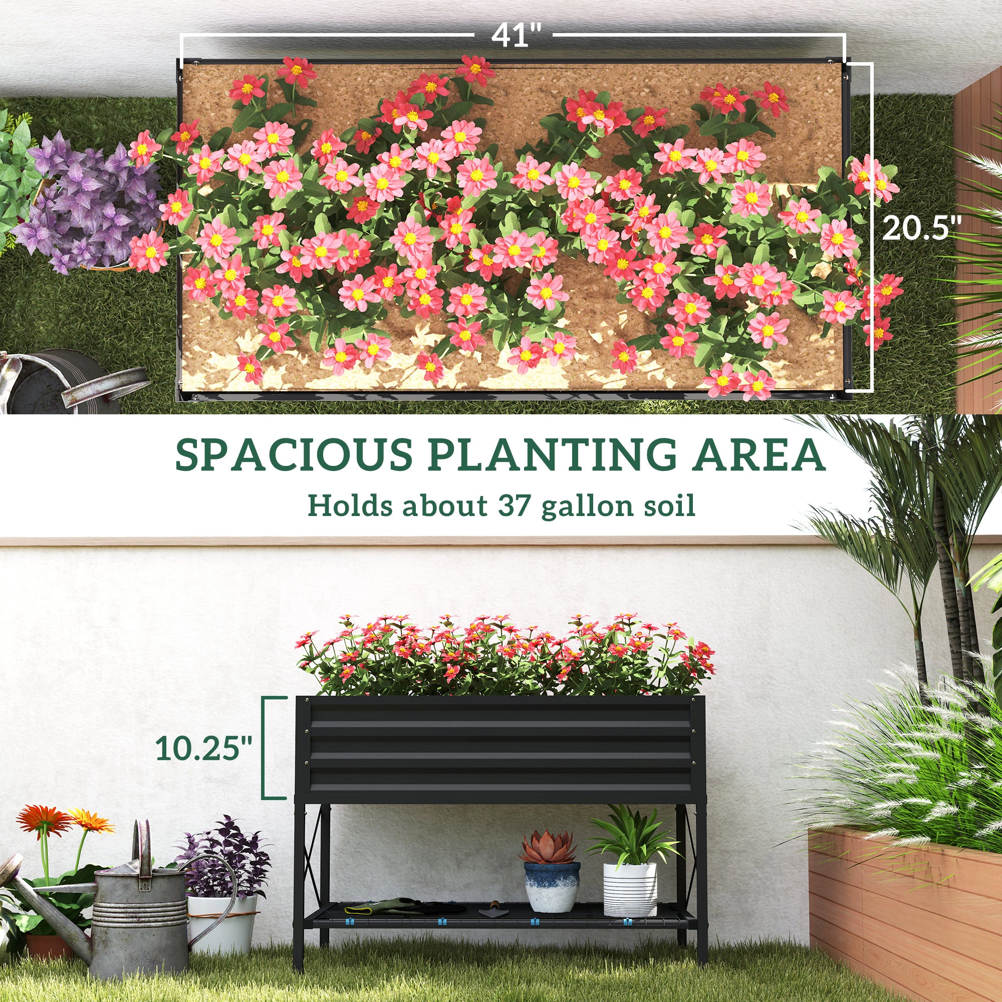 HONGGE Galvanized Raised Garden Bed, Metal Planter Box with Legs, Storage Shelf and Bed Liner