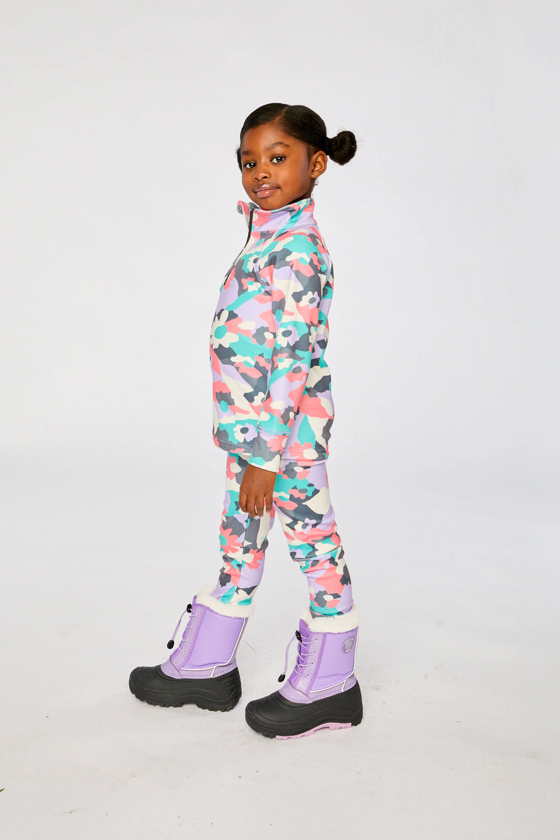 Deux par Girls Two Piece Camouflage Print Half-Zip Thermal Underwear Top and Pants Set