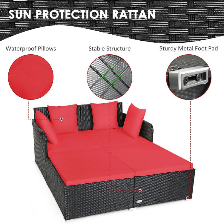 Hivvago Spacious Outdoor Rattan Daybed with Upholstered Cushions and Pillows