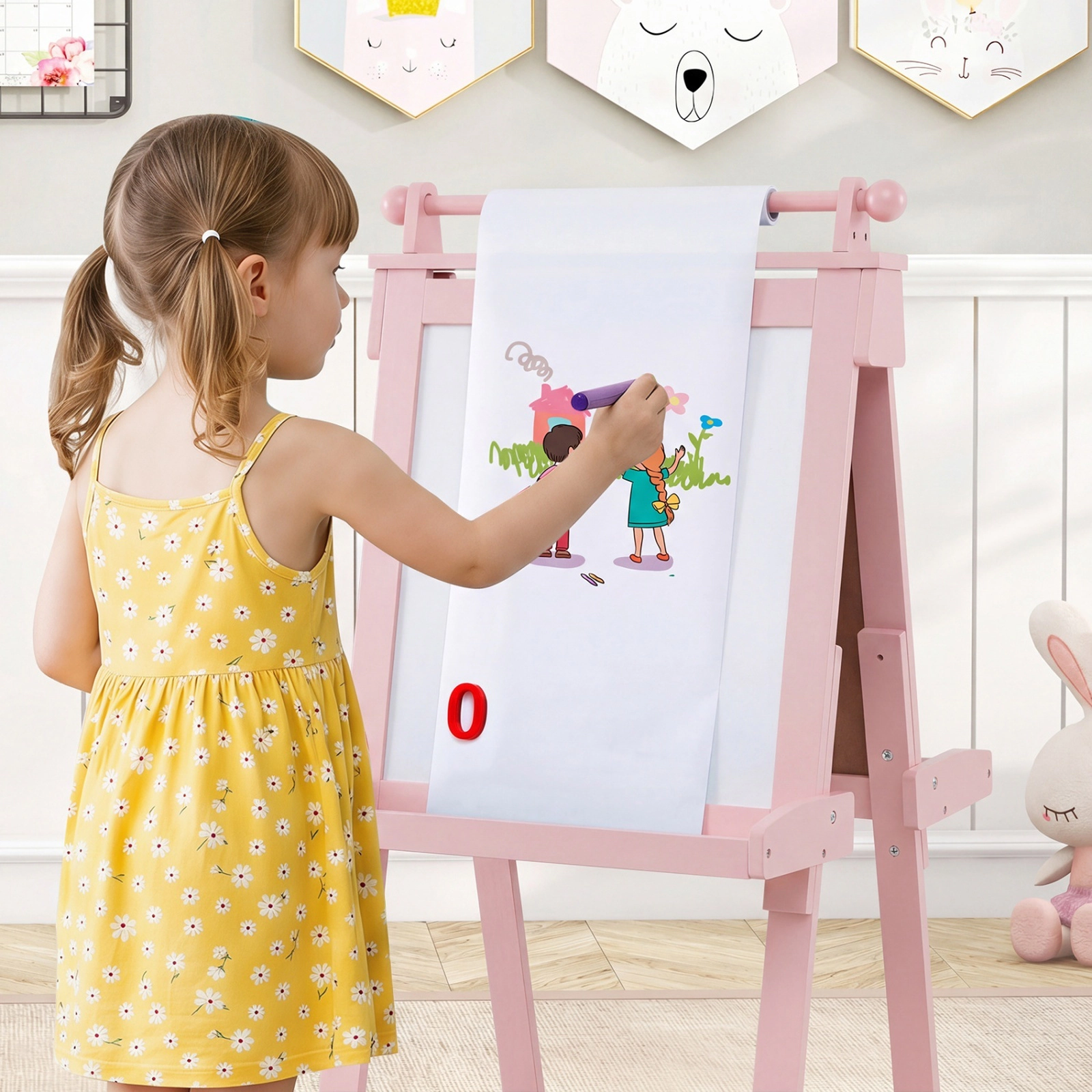 3-in-1 Wooden Kids Art Easel Double-Sided Magnetic Whiteboard Chalkboard Paper Roll Storage Trays Ages 3 and Up Pink