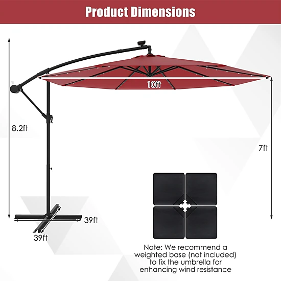SUGIFT 10-ft Beige Solar Offset Cantilever Patio Umbrella with 40 LED Lights Crank Lift and Cross Base