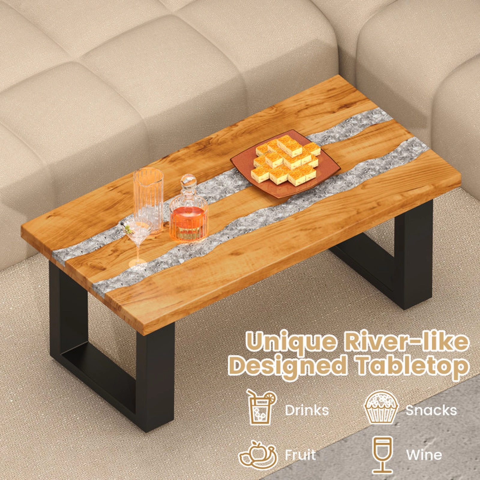SUGIFT Teak Wood Patio Coffee Table with River Feel HDPE Tabletop 46-lb Tabletop Capacity Natural